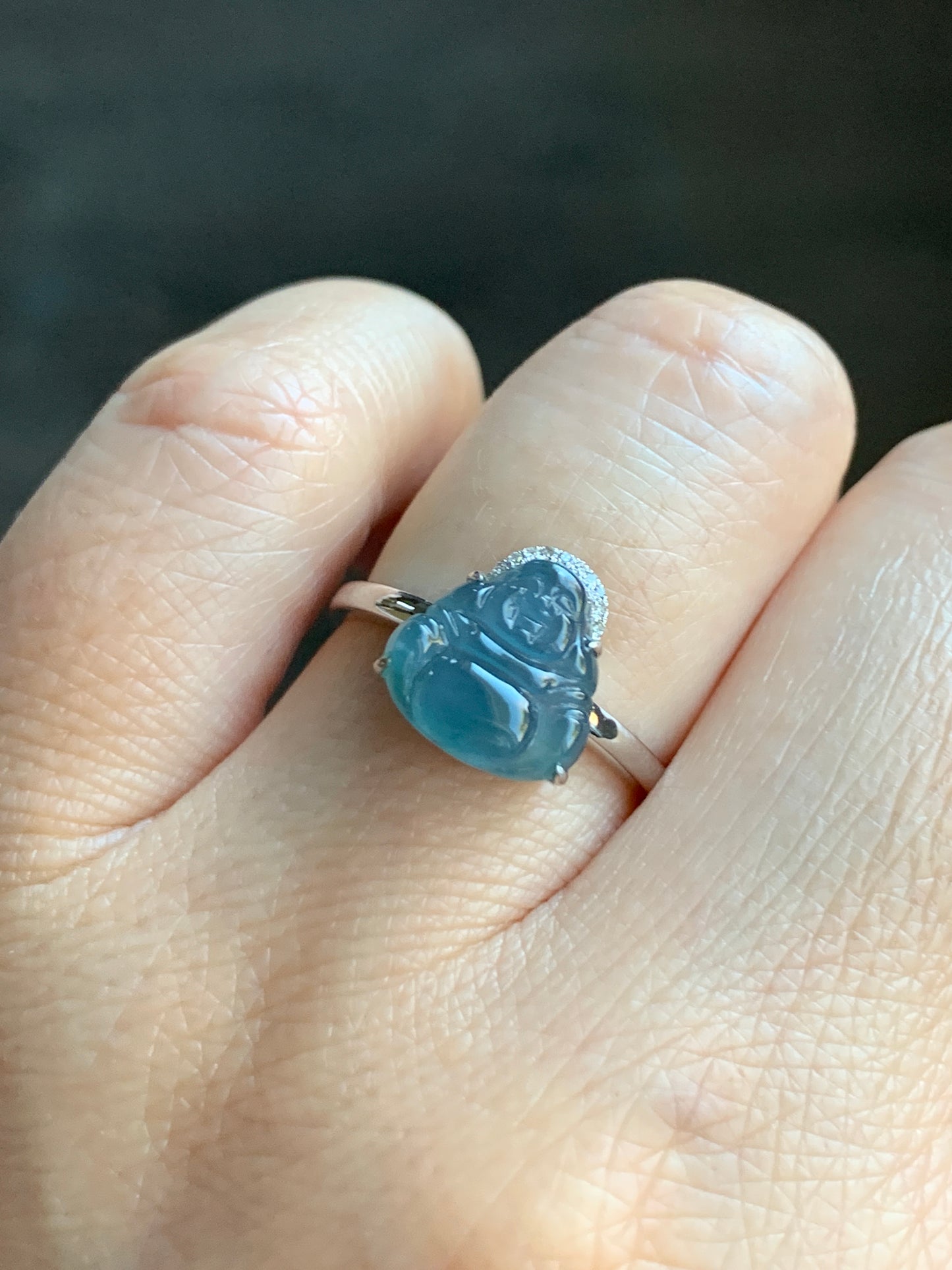 Certified Natural Guatemalan Highly Translucent Blue Jadeite Buddha & Diamond Ring 18K White Gold Size 7 天然高冰危蓝水翡翠佛公钻石镶嵌戒指