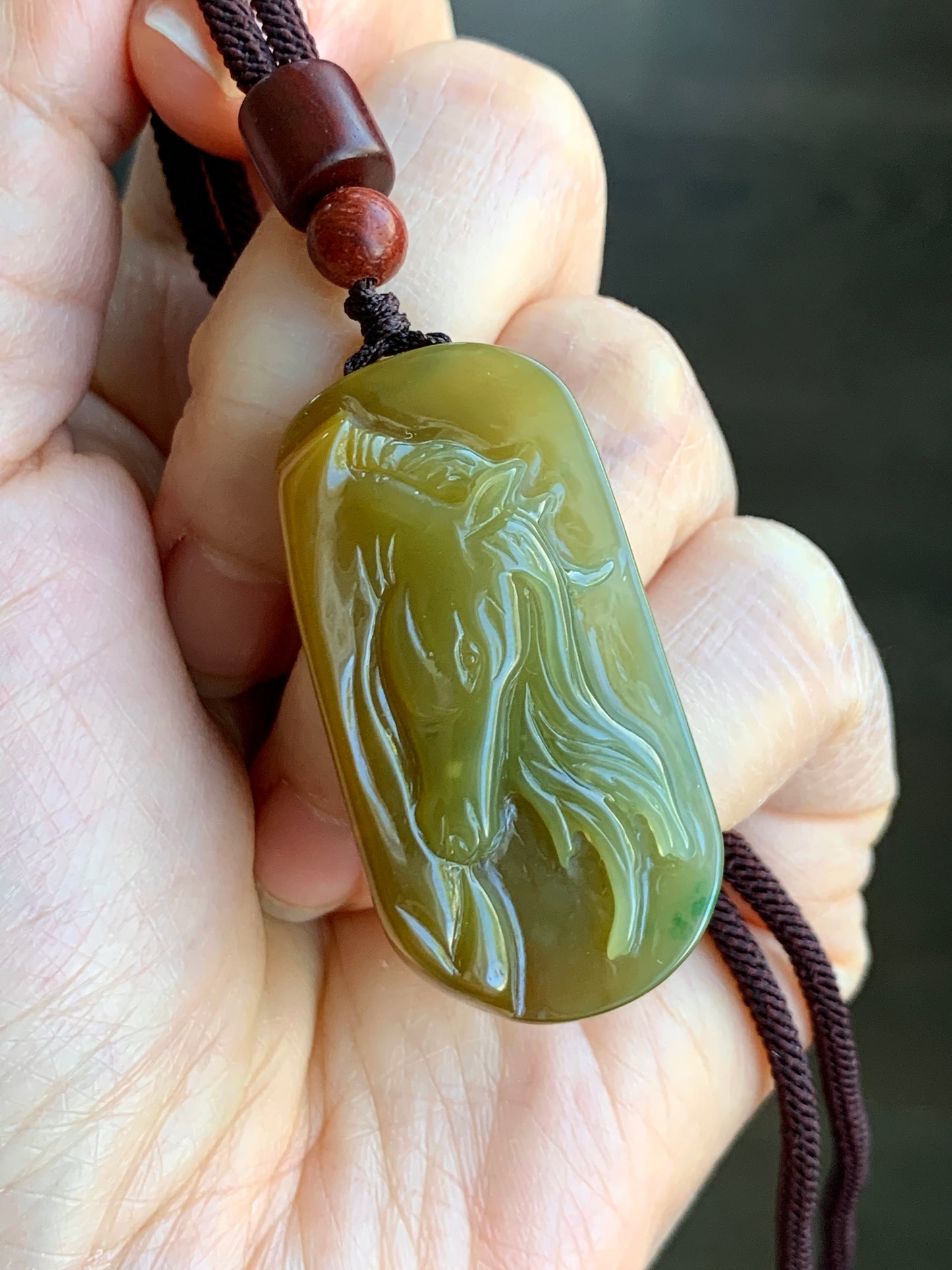 Stunning Natural Guatemalan grade A Icy Translucent Intense Yellow Jadeite w/ Green Marbling Horse Pendant Rope Necklace 天然冰危浓黄飘绿翡翠马牌吊坠挂件