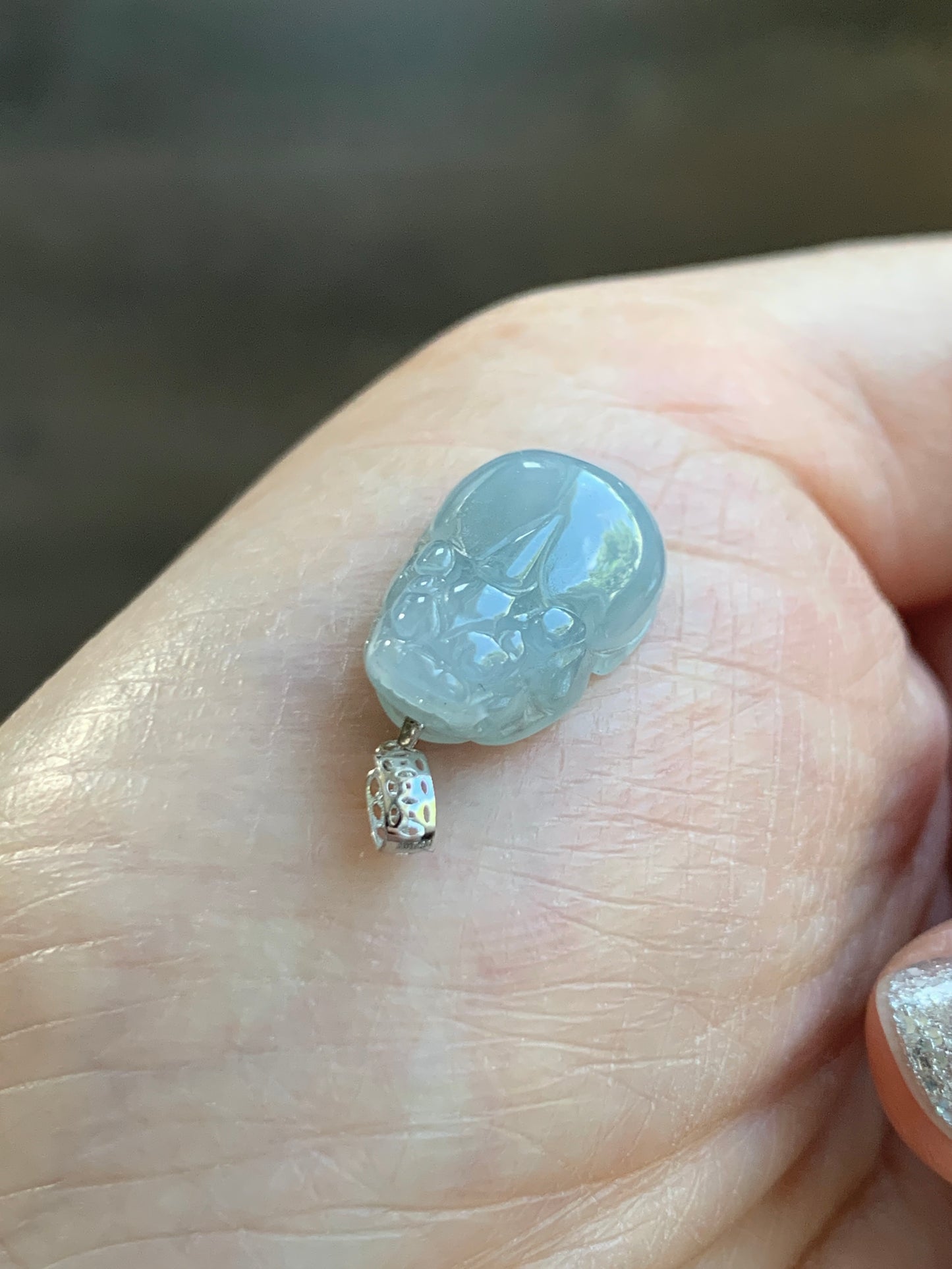 Natural Grade A Icy Translucent Gelatinous Pastel Dusty Blue Jade Jadeite Petite Pixiu Pendant 18K White Gold Bail 天然冰胶淡蓝翡翠貔貅吊坠 MTL250