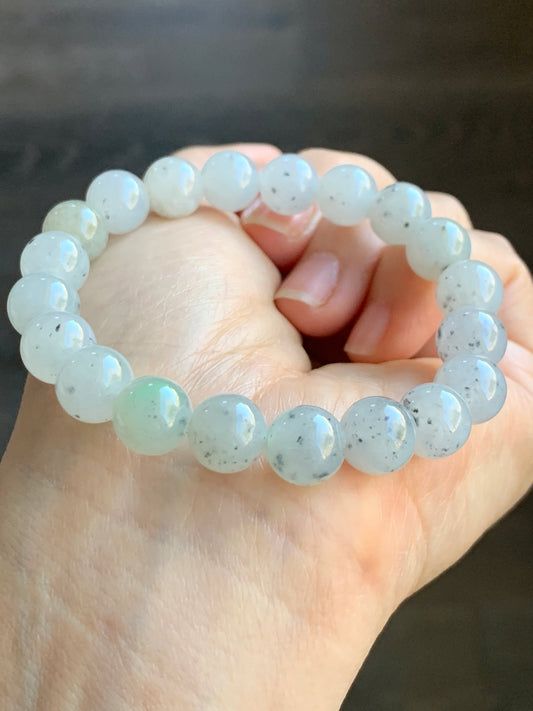 Large  Natural Premium Icy Translucent Gelatinous White Wuji Jadeite Beaded Bracelet 9.7mm 7.25” 天然大卡冰胶白乌鸡翡翠手串 DBWJ-RJ
