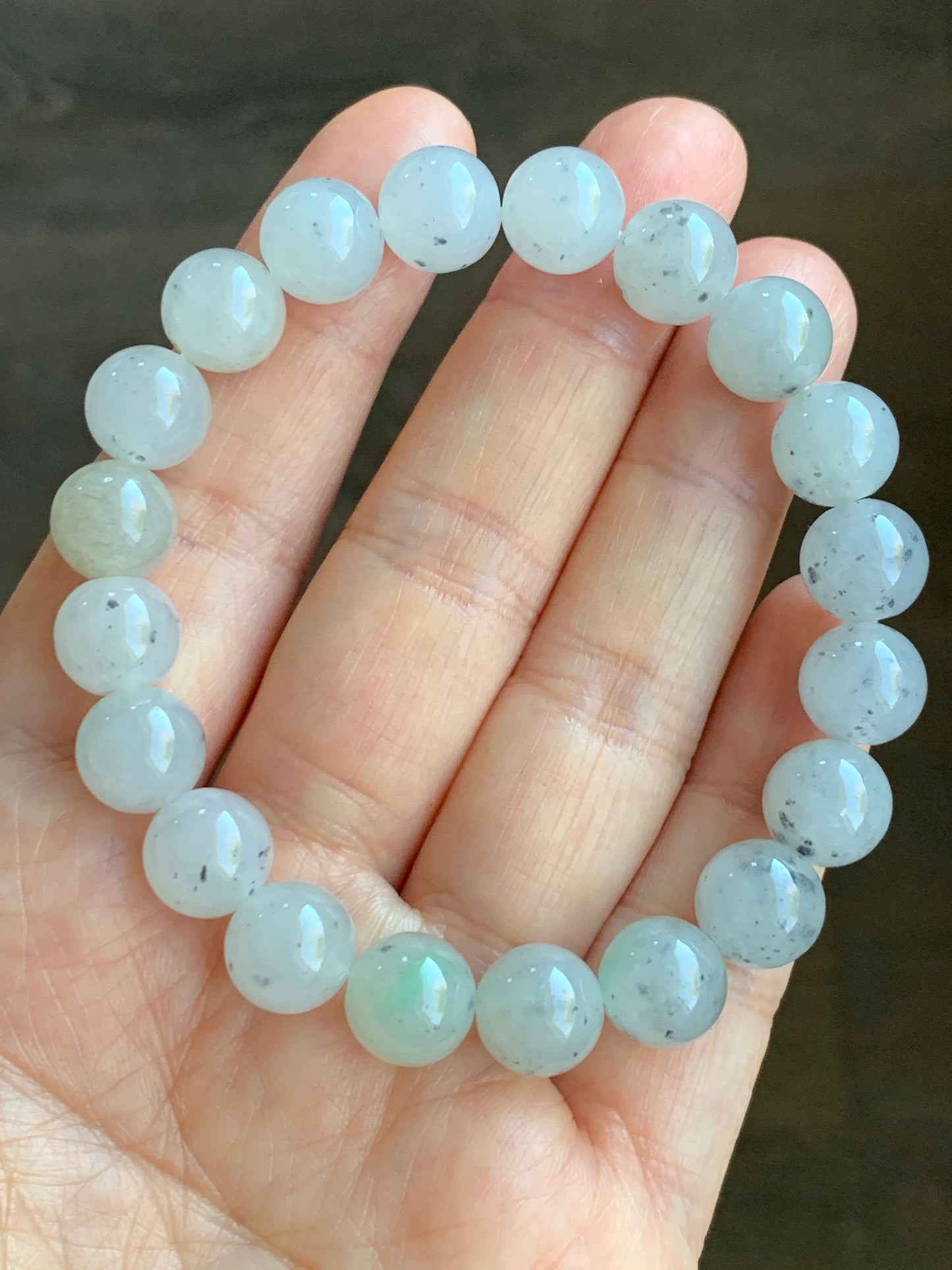 Large  Natural Premium Icy Translucent Gelatinous White Wuji Jadeite Beaded Bracelet 9.7mm 7.25” 天然大卡冰胶白乌鸡翡翠手串 DBWJ-RJ