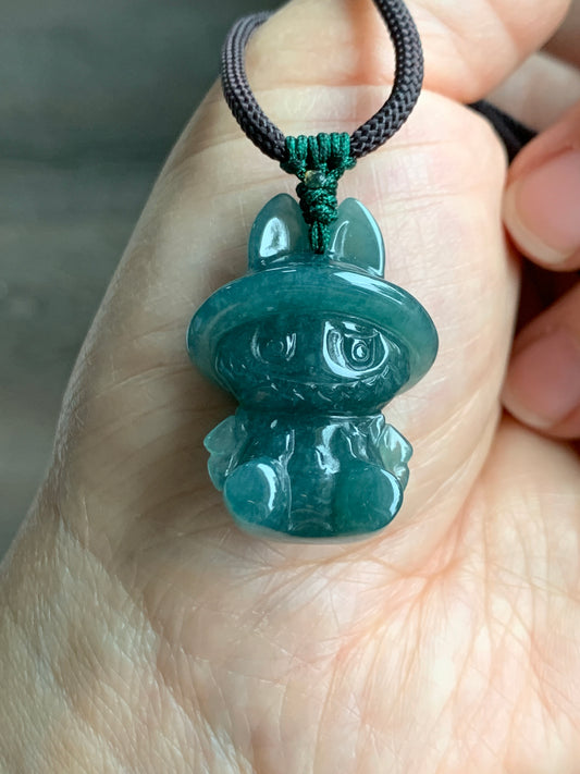 Natural Grade A Guatemalan Icy Translucent Gelatinous Dark Teal Blue Jade Jadeite Carved Labubu Pendant Rope Necklace 26” 天然冰胶危深蓝绿翡翠拉布布吊坠 LBB88