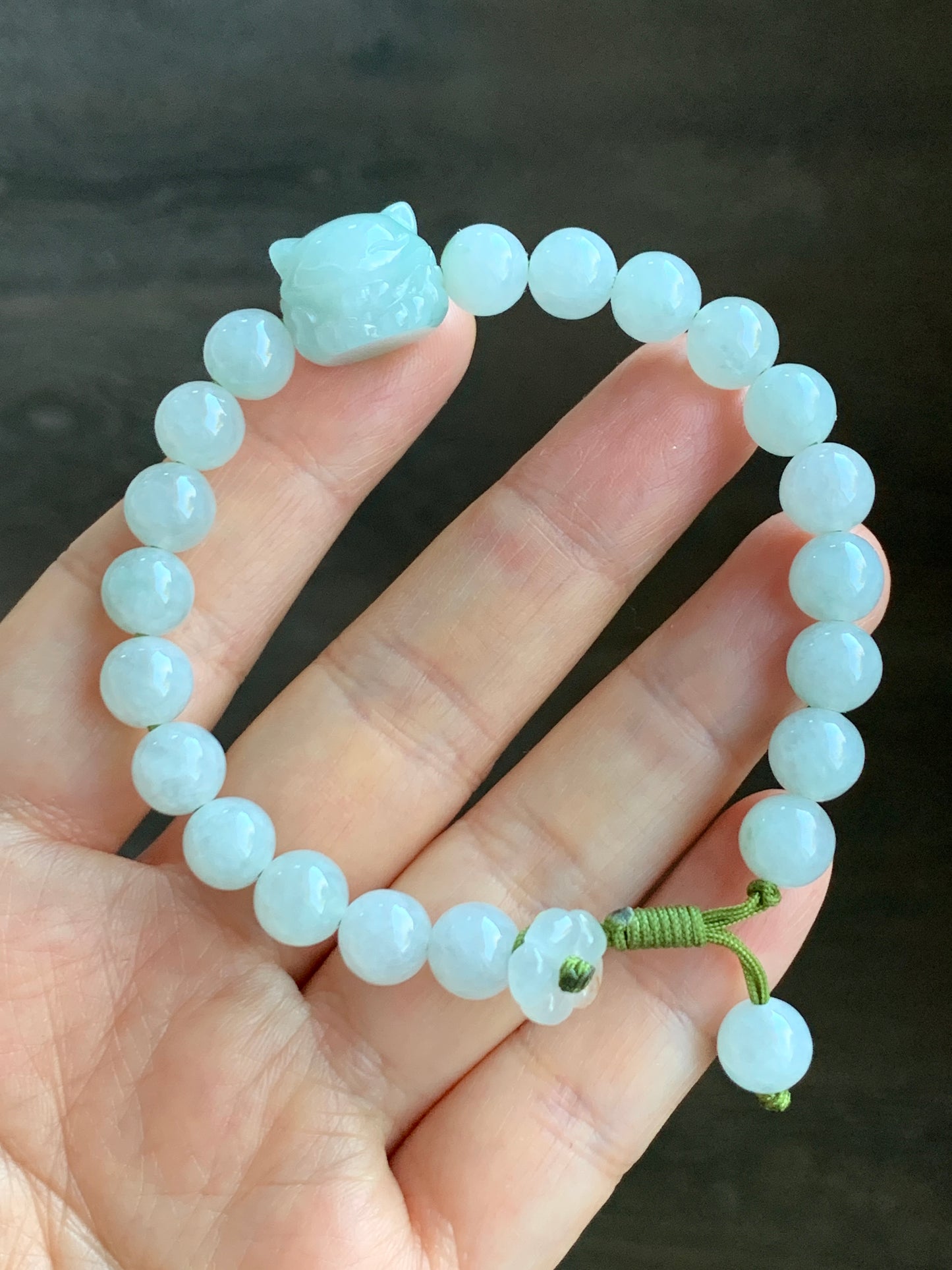 Natural  Icy Translucent Light Green Jadeite Nine-Tailed Fox & Icy White Jadeite w/ Green Marbling Beaded Bracelet 7” 天然冰晴翡翠九尾狐珠手串