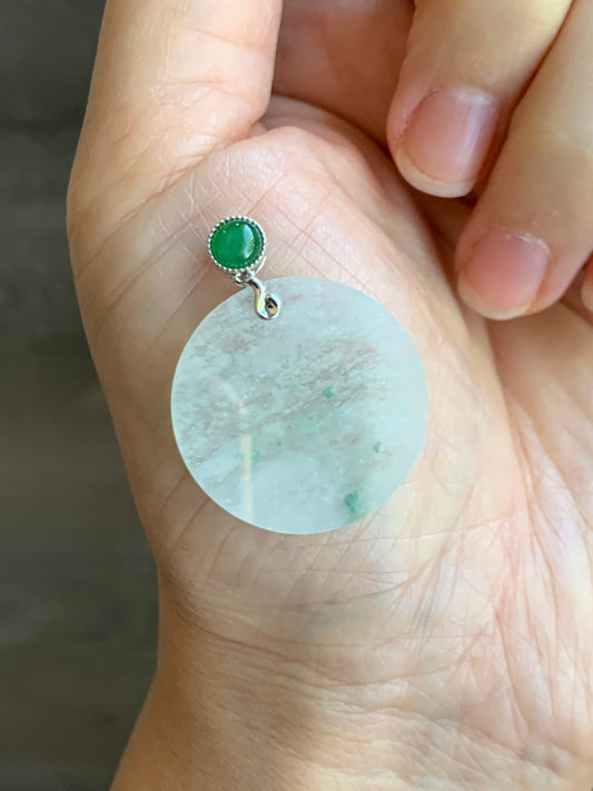 Certified Natural  Moxisha Icy Jadeite Green Marbling Blessing Amulet Pendant Wu Shi Pai 18K Yellow Gold 天然莫西沙飘绿花翡翠无事牌镶嵌吊坠