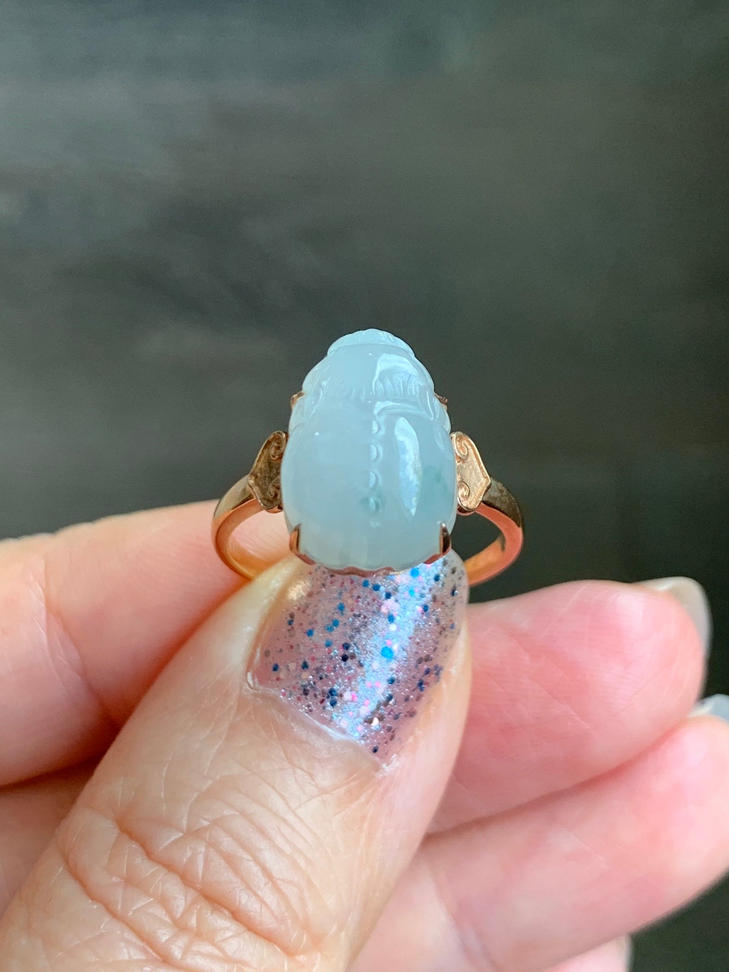 Certified Natural Grade A Icy Translucent Gelatinous Green Marbled Jadeite Pixiu Ring Size 7 18K Rose Gold  3.74g 天然冰淡晴底飘花翡翠貔貅镶嵌戒指 7065
