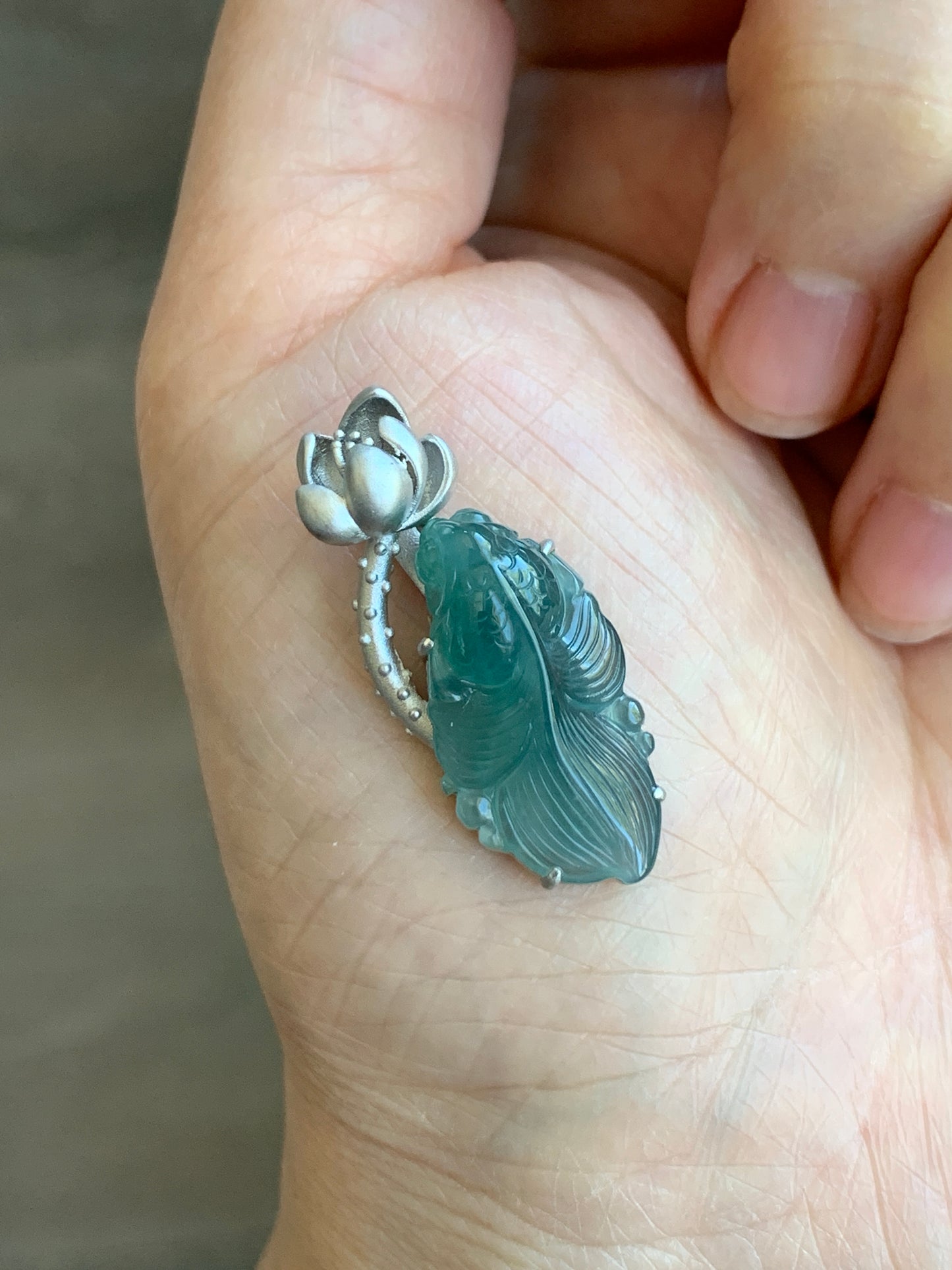 Certified Natural Guatemalan Premium Icy Highly Translucent Dark Teal Blue Jade Jadeite Goldfish Pendant Sterling Silver 天然冰危湖水蓝翡翠金鱼镶嵌吊坠 8618