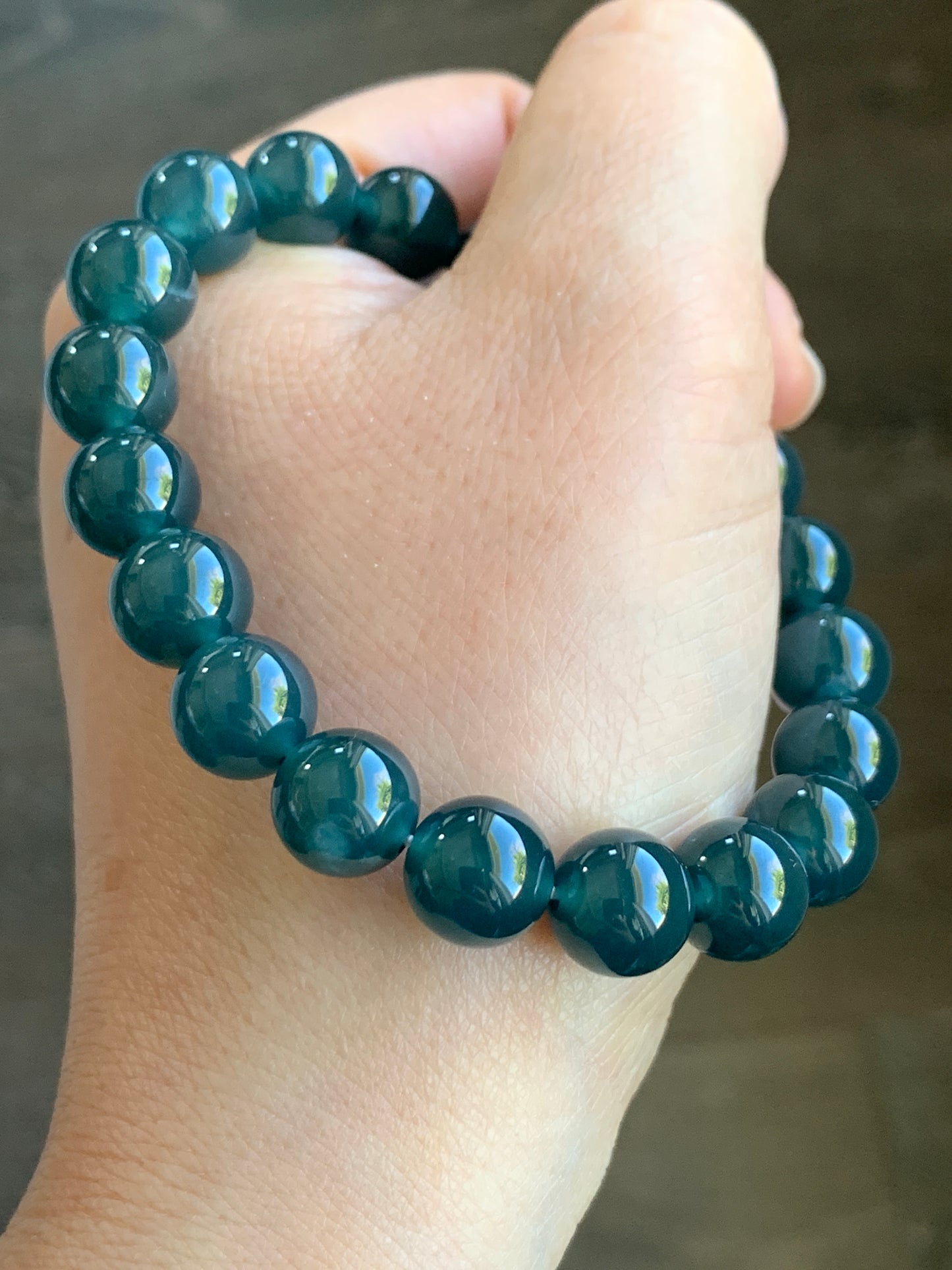 Certified Natural Grade A Icy Highly Translucent Gelatinous Dark Teal Blue Jadeite Beaded Bracelet 9.9mm 7.25” 33g 7817