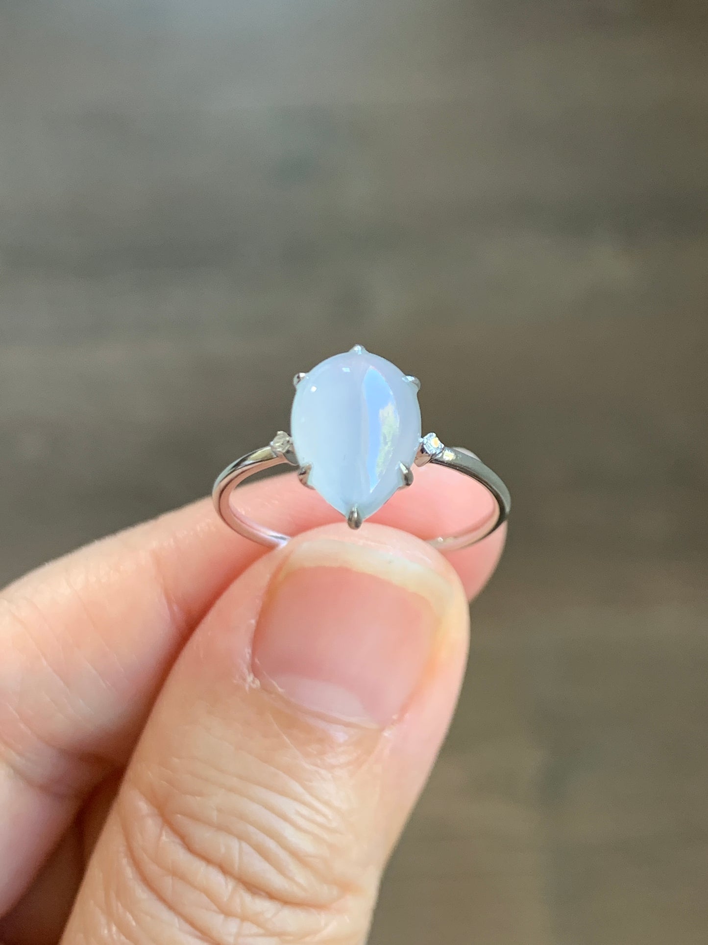 Certified Natural  Icy Translucent Gelatinous White Jadeite Teardrop Ring 18K White Gold and Diamonds size 7 天然白冰胶翡翠水滴镶嵌戒指 1690