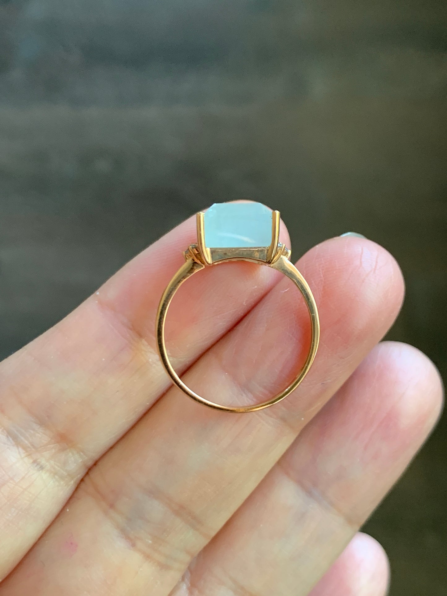 Certified Natural Grade A Icy Highly Translucent Pastel Green Emerald Cut Jadeite Ring 18K Rose Gold Diamonds Size 7 天然正冰晴底雪花棉翡翠切割面钻石镶嵌戒指