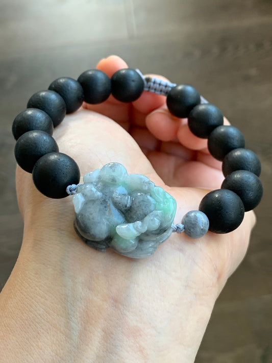 Large Natural  Icy Wuji Jadeite with Green Marbling Carved Pixiu Black Agarwood Beaded Bracelet 7.75" 天然细糯乌鸡带绿翡翠貔貅土沉香木珠手串