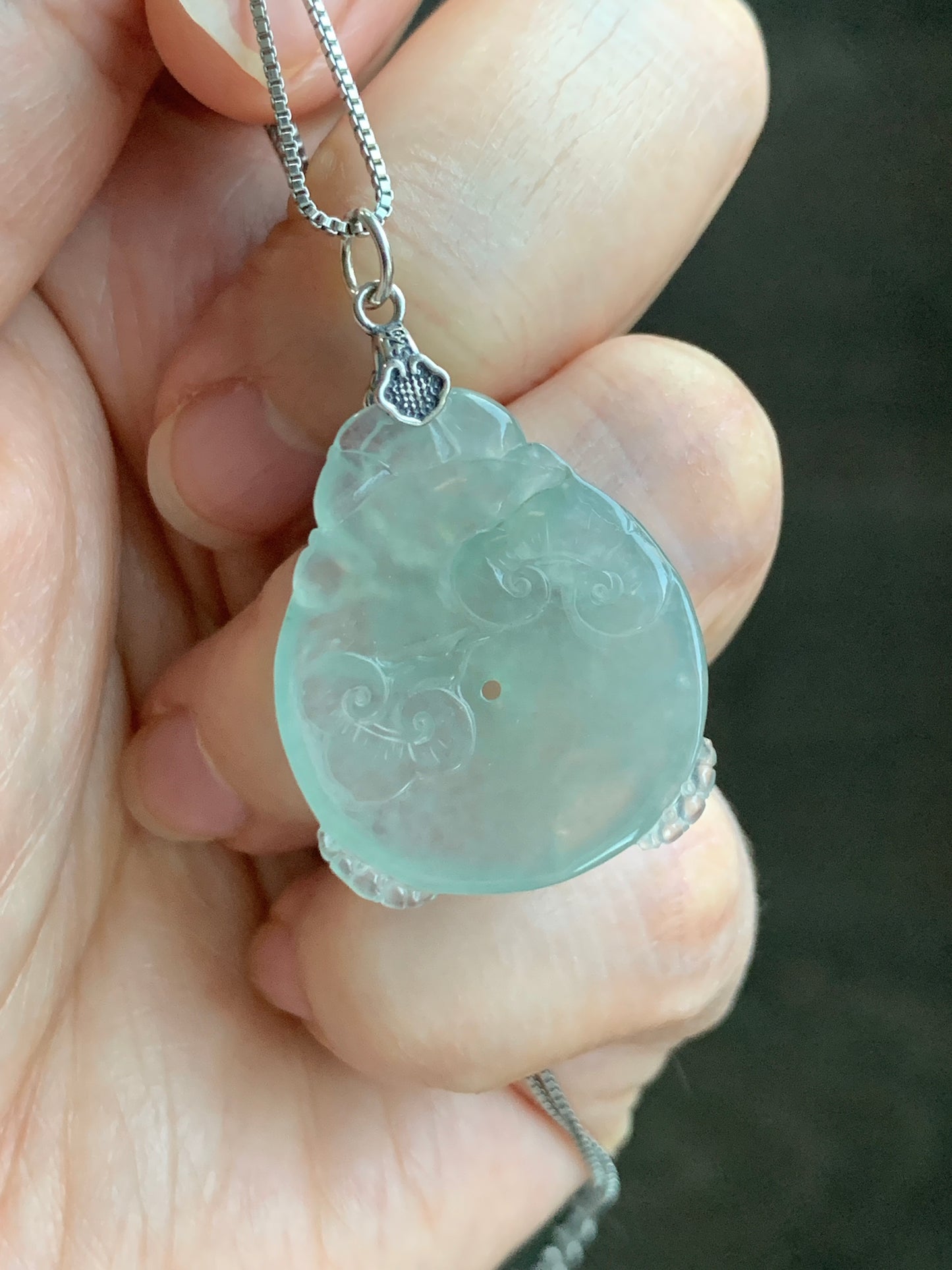 Certified Natural  Premium Icy Light Green Jadeite Lotus Flower Goldfish Ping An Kou Donut Pendant Sterling Silver 天然冰胶起光晴底翡翠莲花鱼吊坠