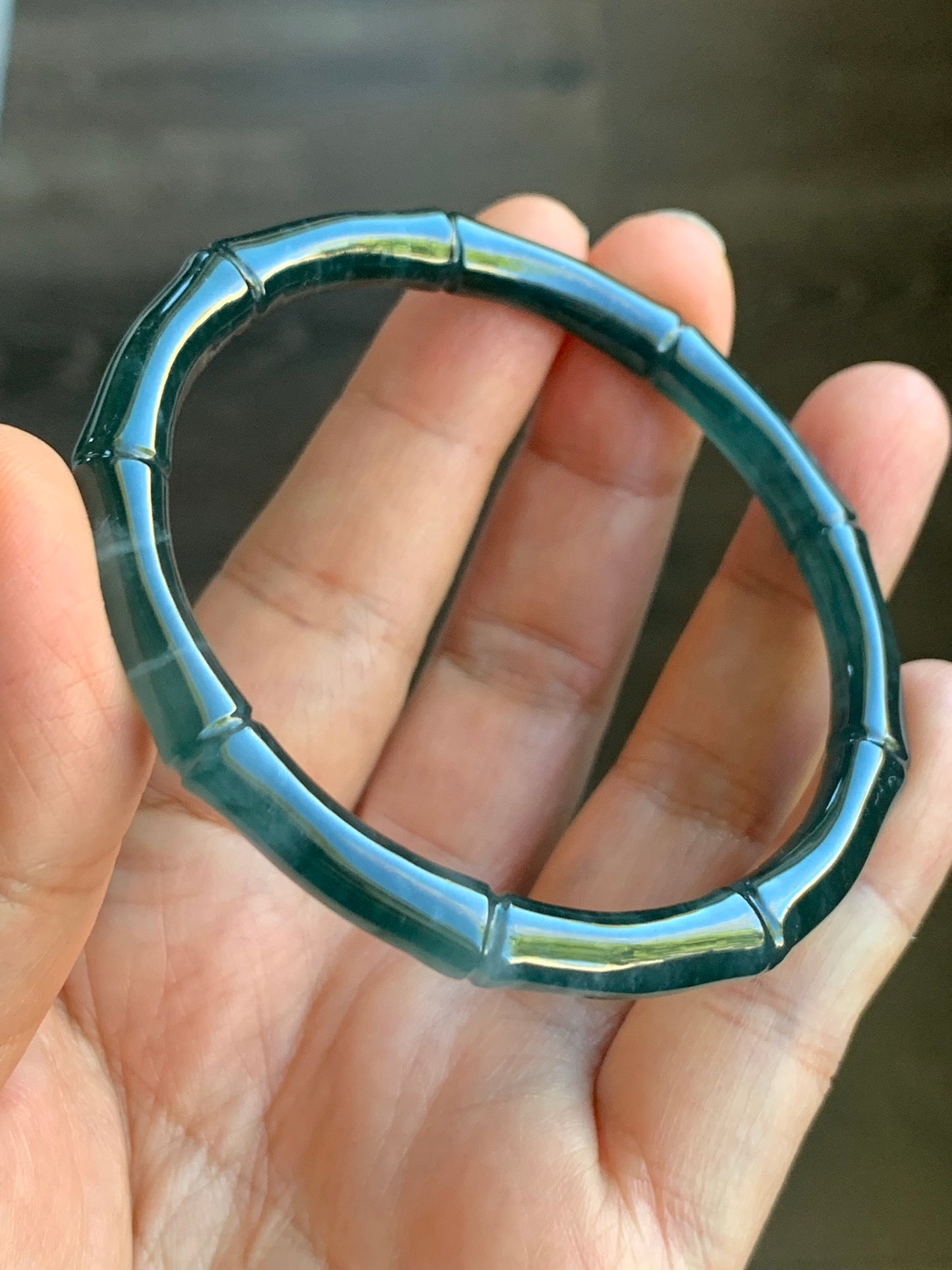 Certified Natural Grade A Icy Translucent Gelatinous Dark Teal Green Jadeite Carved Bamboo Bangle Bracelet 56.7mm 7” 19.2g 天然冰危深篮绿翡翠竹节手镯 7828