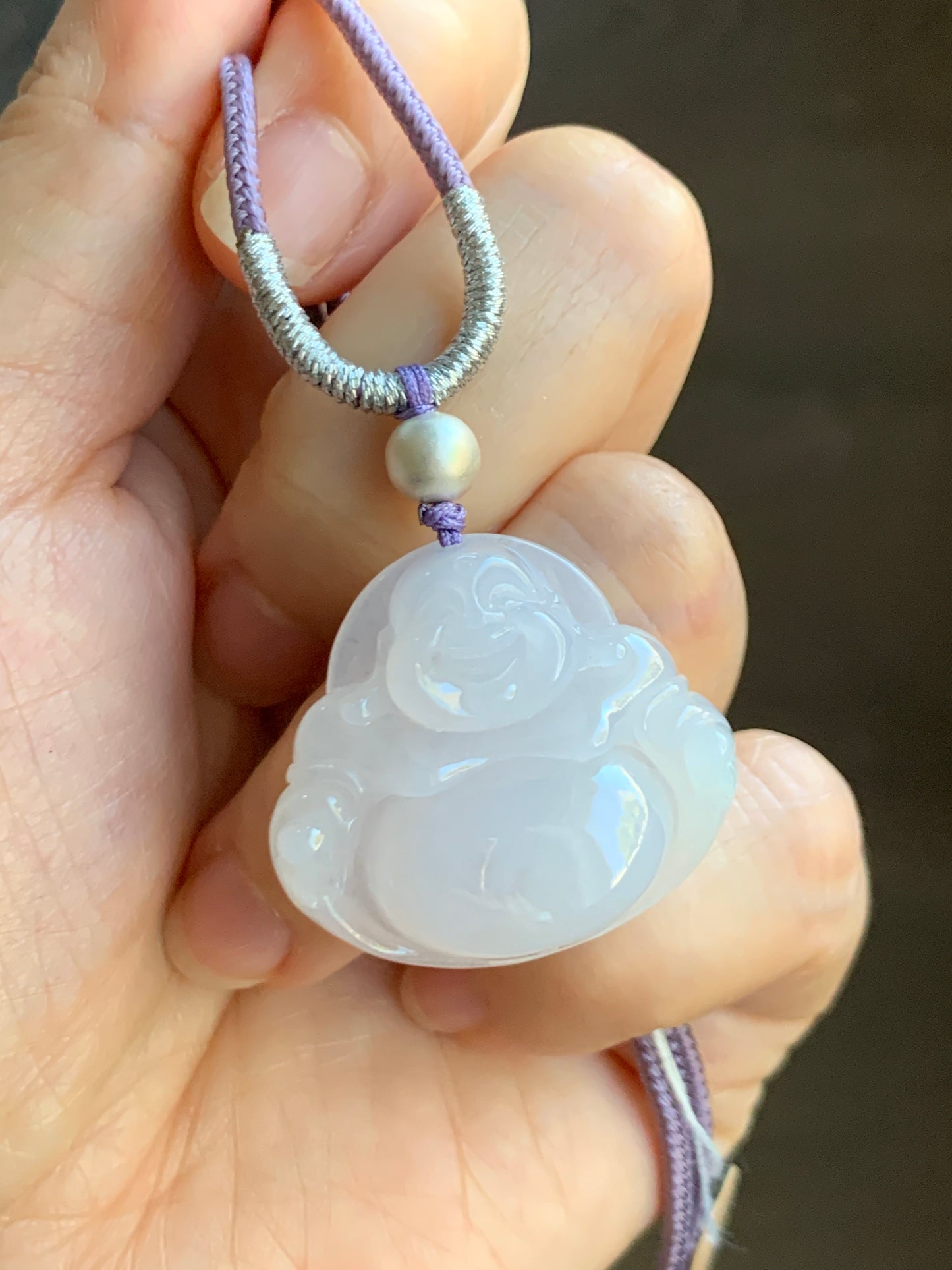 Certified Natural  Icy Translucent Pale Purple Jadeite Buddha Pendant Rope Necklace Sterling Silver 23” 天然冰淡紫底翡翠佛公吊坠 7076