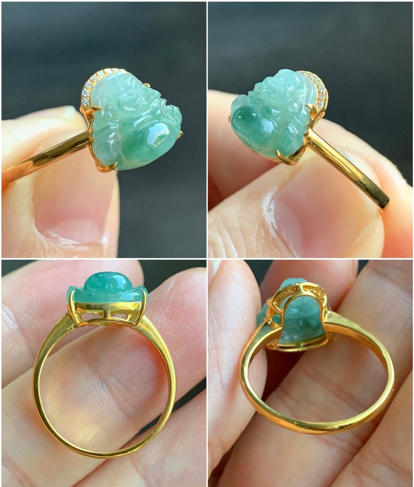Certified Natural Grade A Icy Translucent light Green & Green Marbled Jadeite Buddha Ring 18K Yellow Gold Diamonds Size 7 天然冰飘绿花翡翠小佛公钻石镶嵌戒指