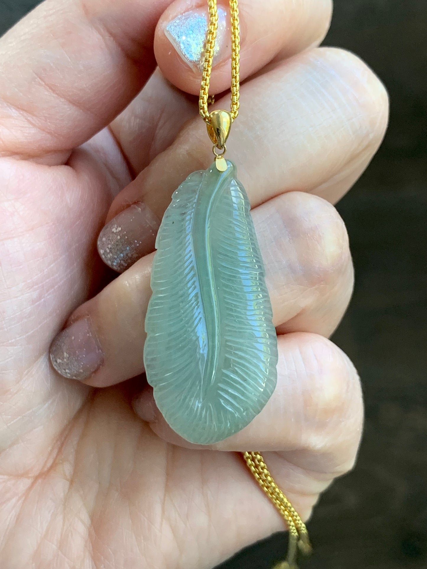 Natural Grade A Icy Translucent Light Green Jade Jadeite Carved Large Feather Pendant 18K Yellow Gold Bail 天然冰绿翡翠羽毛镶嵌吊坠 MQL228