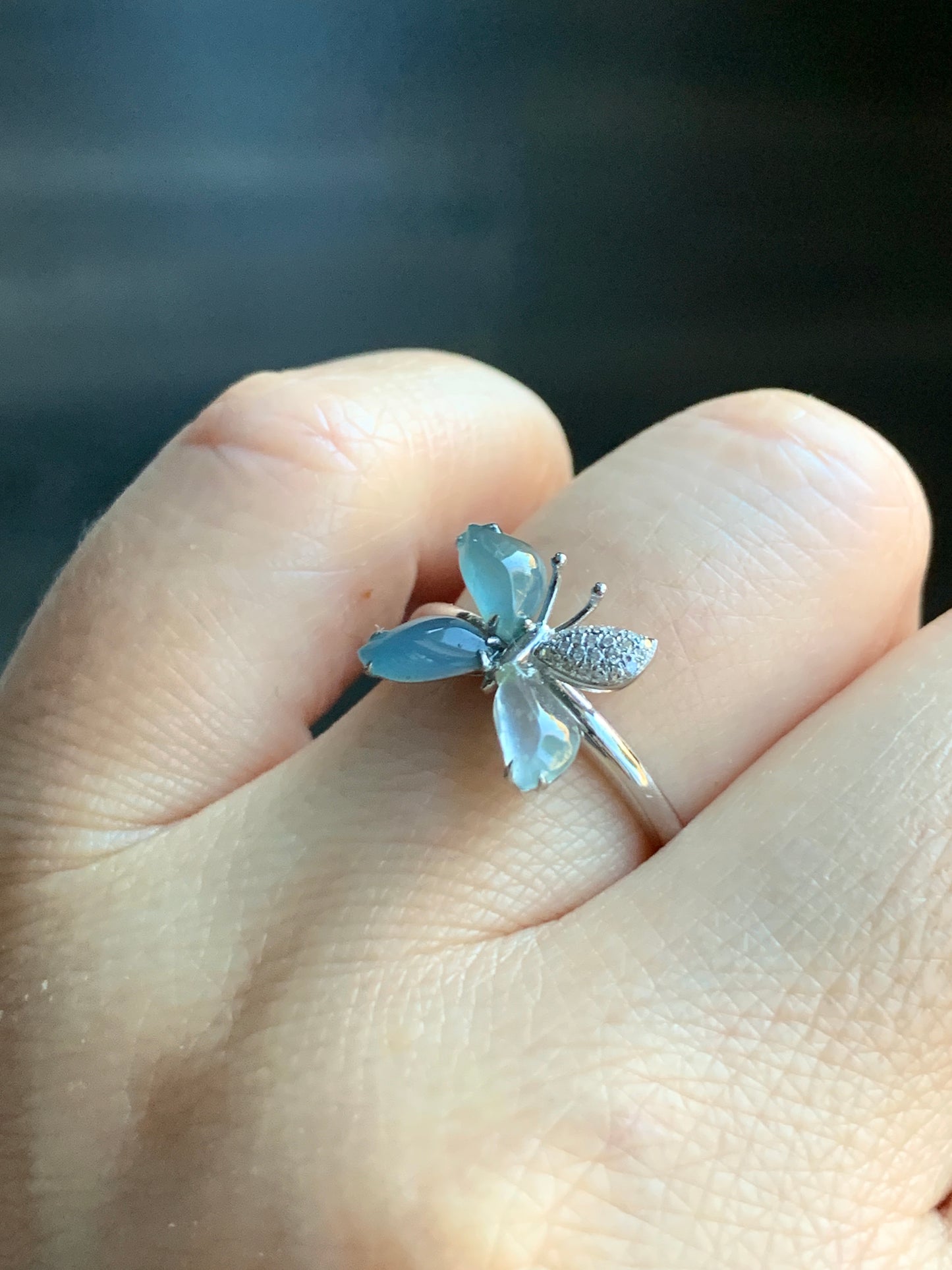 Certified Natural Grade A Guatemalan Premium Icy Blue & White Jadeite Butterfly Ring 18K White Gold Diamonds Sz 7 US 天然危蓝正冰起光翡翠蝴蝶钻石白金镶嵌戒指