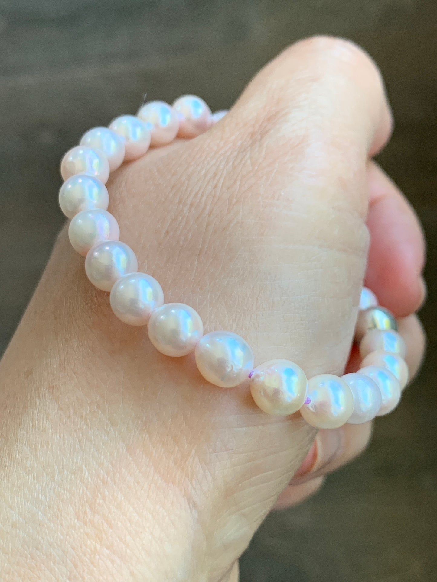 Natural Saltwater Akoya Peachy Blush Pearls and 925 Sterling Silver Ball Beaded Bracelet Stretchy 7” 天然淡粉海水珍珠纯银珠手串