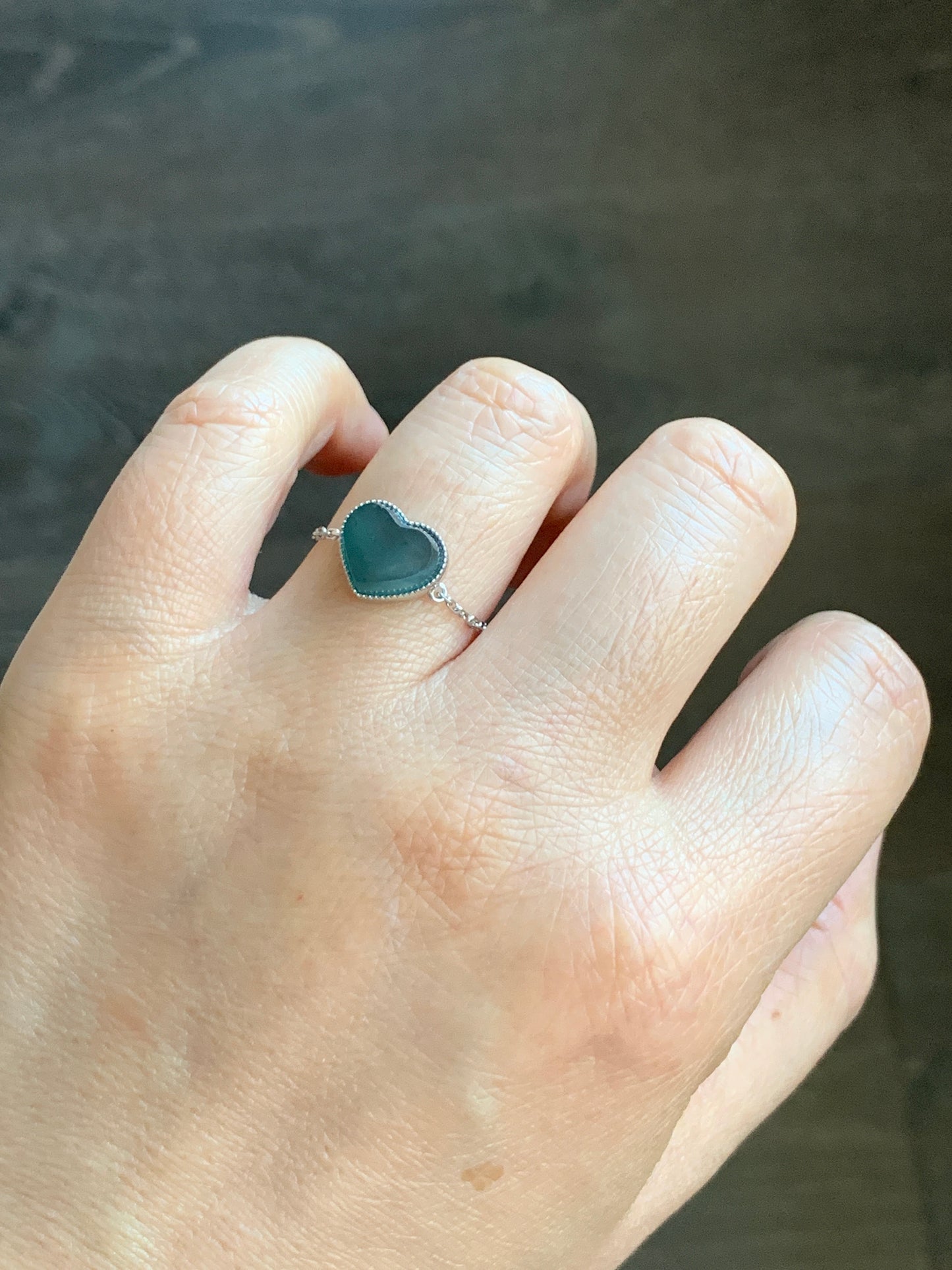 Certified Natural Grade A Icy Translucent Teal Blue Jadeite Faceted Heart Chain Ring 18K White Gold Adjustable 天然冰湖水蓝翡翠爱心镶嵌链戒