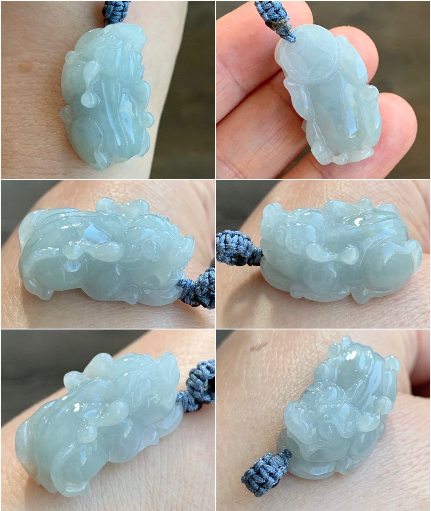 Natural Grade A Icy Translucent Gelatinous Pastel Dusty Blue Jadeite Pixiu Pendant Rope Bail with Black Cord Necklace 11g 天然冰胶淡蓝翡翠貔貅吊坠
