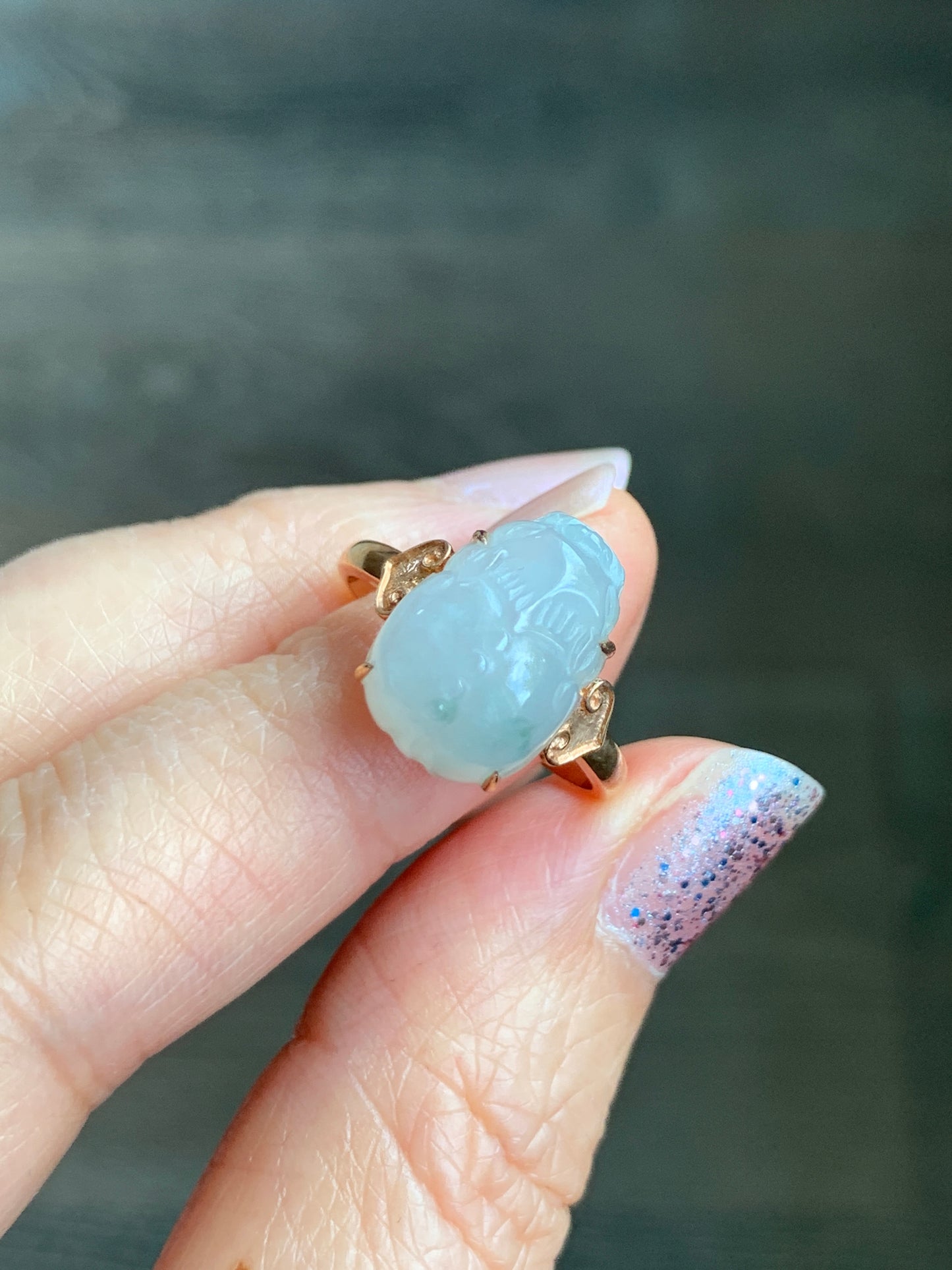 Certified Natural Grade A Icy Translucent Gelatinous Green Marbled Jadeite Pixiu Ring Size 7 18K Rose Gold  3.74g 天然冰淡晴底飘花翡翠貔貅镶嵌戒指 7065