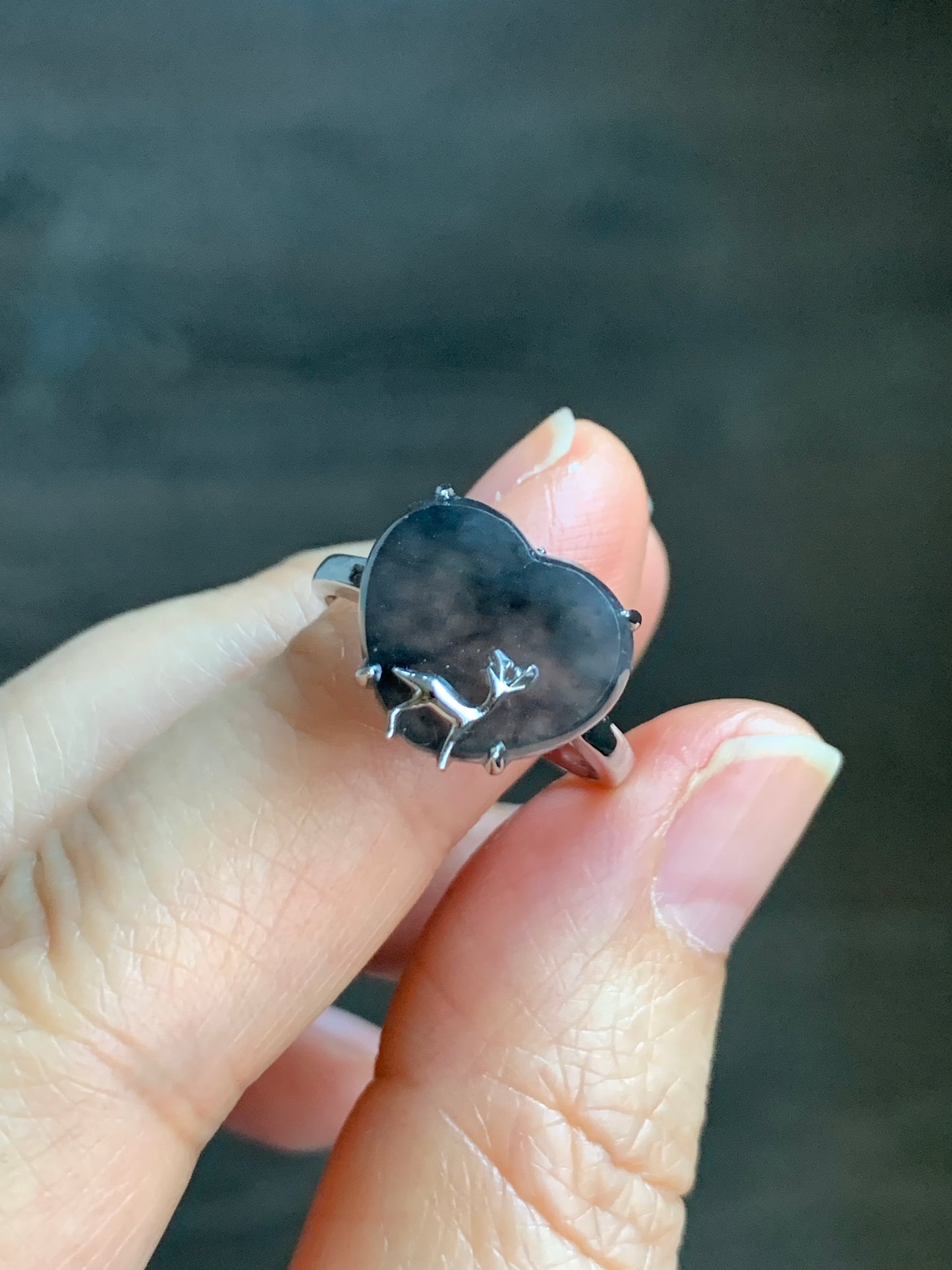 Certified Natural Grade A Premium Icy Translucent Dark Wuji Jadeite Heart Ring w/ Deer Design 18K White Gold Sz 7 3.04g 天然冰乌鸡翡翠爱心小鹿镶嵌戒指 3887