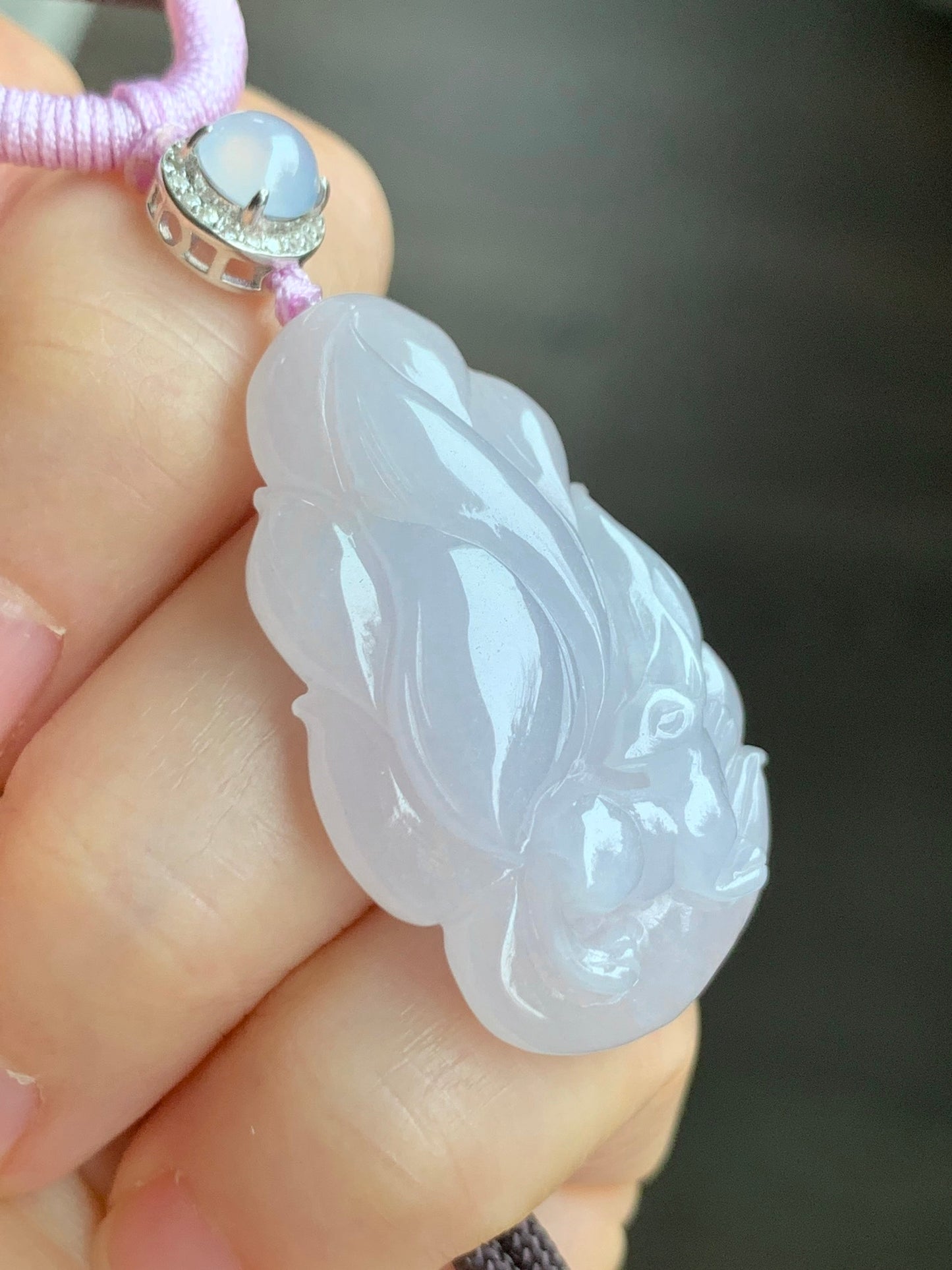 Certified Natural Grade A Icy Translucent Pastel Pinkish Purple Jadeite Carved Nine-Tailed Fox Pendant Rope Necklace 27” 天然冰胶淡粉紫翡翠九尾狐吊坠 3269