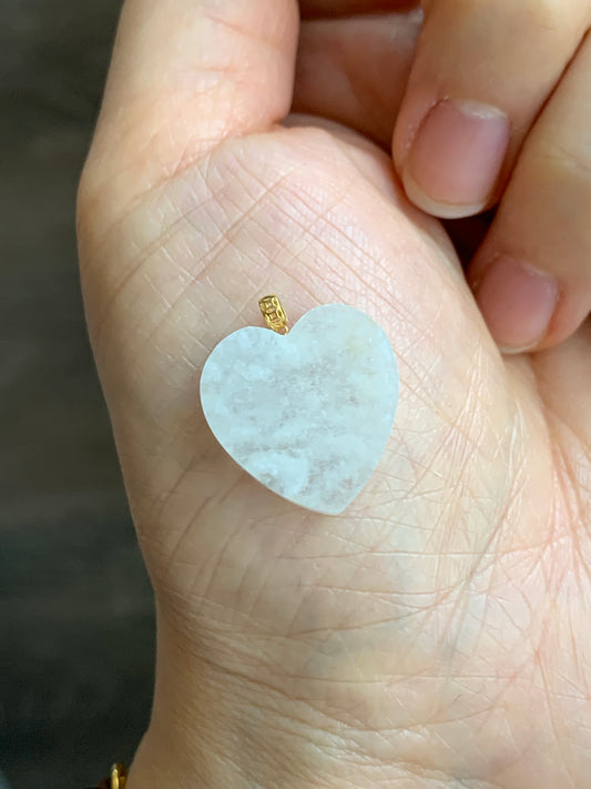 Natural  Highly Translucent Icy Jadeite w/ White Marbling Heart Pendant 18K Yellow Gold Bail 17” Cord 天然白冰莫西沙翡翠爱心镶嵌吊坠 Style 2