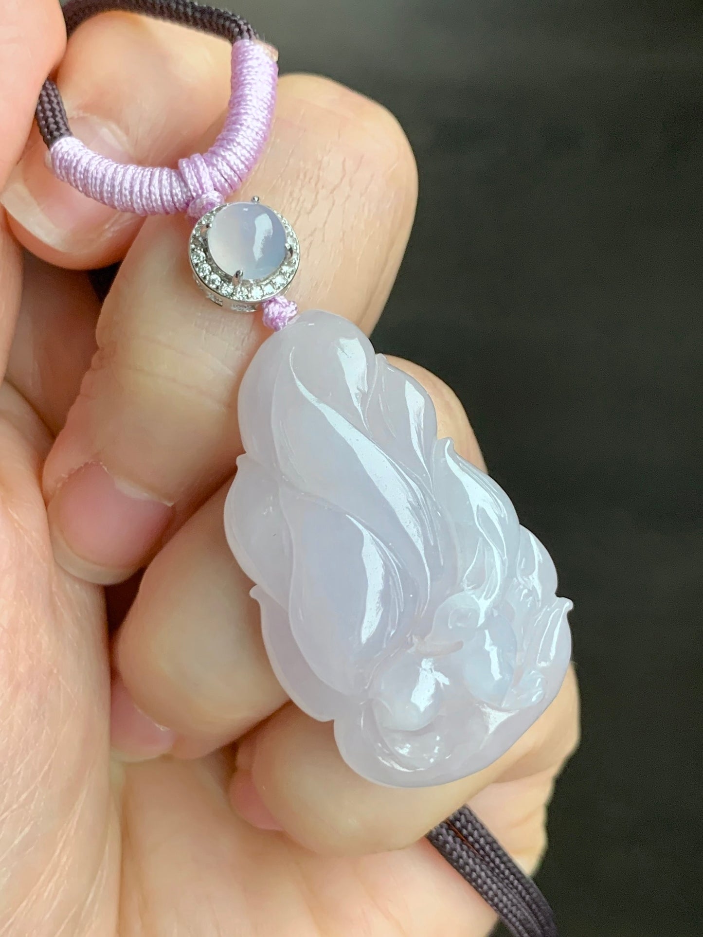 Certified Natural Grade A Icy Translucent Pastel Pinkish Purple Jadeite Carved Nine-Tailed Fox Pendant Rope Necklace 27” 天然冰胶淡粉紫翡翠九尾狐吊坠 3269