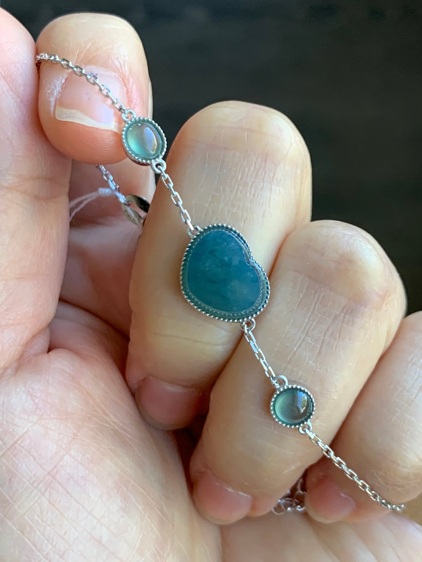 Certified Natural  Icy Translucent Teal Blue Jadeite Heart Bracelet 18K White Gold 5.75"-6.25” 天然湖水蓝翡翠爱心切割面白金手链