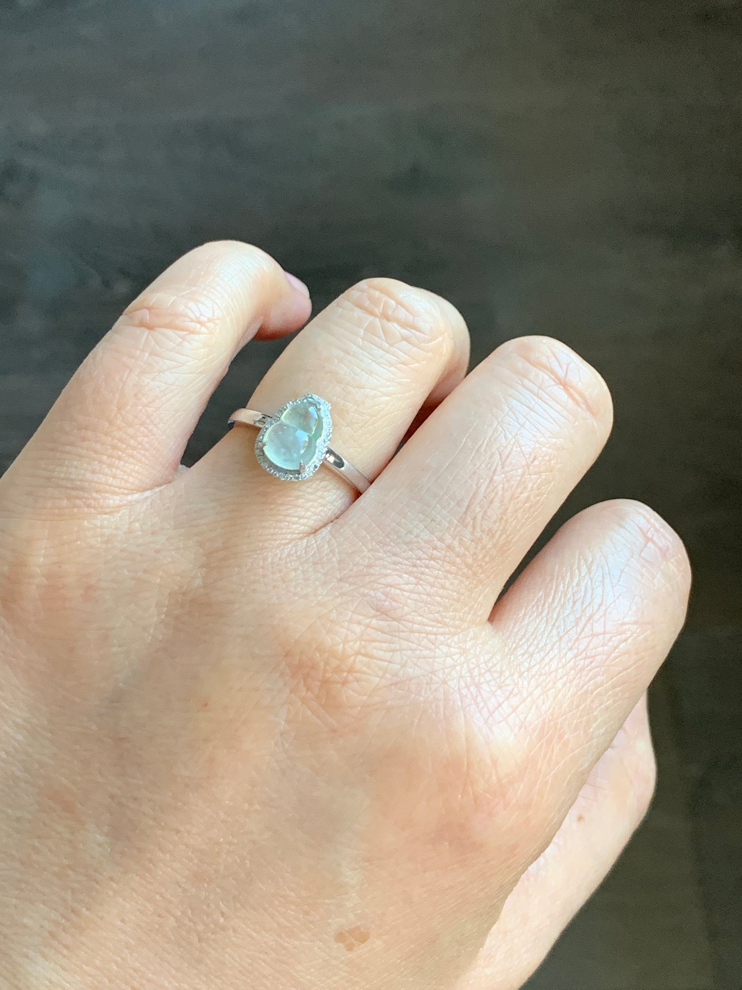 Certified Natural  Premium Highly Translucent Jadeite Hulu Gourd Ring 18K White Gold & Diamonds Sz 7 天然正冰起光起钢白冰葫芦钻石镶嵌戒指