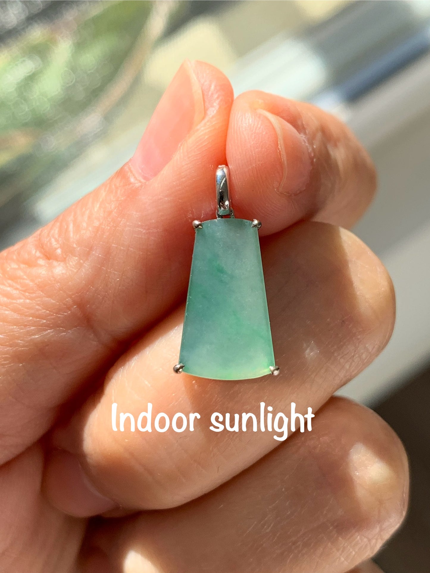 Petite Certified Natural  Icy Highly Translucent Light Green Jadeite Wu Shi Pai Amulet 18K White Gold 1.26g 天然冰果绿翡翠无事牌镶嵌吊坠 6890