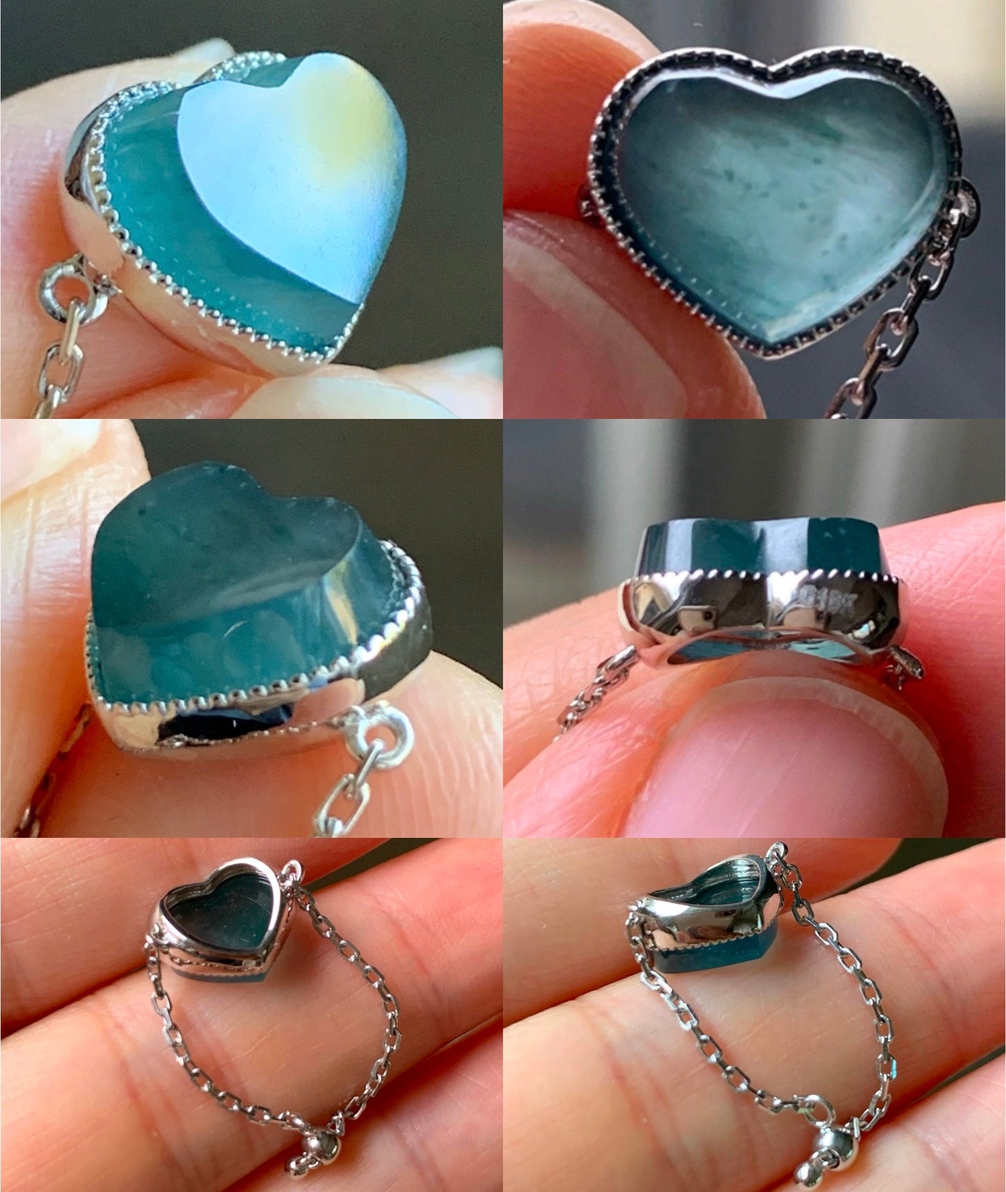 Certified Natural Grade A Icy Translucent Teal Blue Jadeite Faceted Heart Chain Ring 18K White Gold Adjustable 天然冰湖水蓝翡翠爱心镶嵌链戒