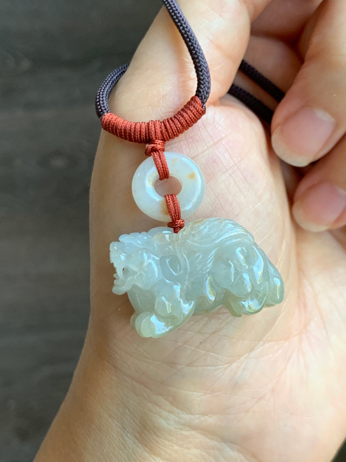 Natural  Icy Translucent Gelatinous Light Beige Jadeite w/ Golden Marbling Flying Pixiu & Donut Pendant Necklace 天然冰糖黄撒金翡翠飞天貔貅平安扣项链