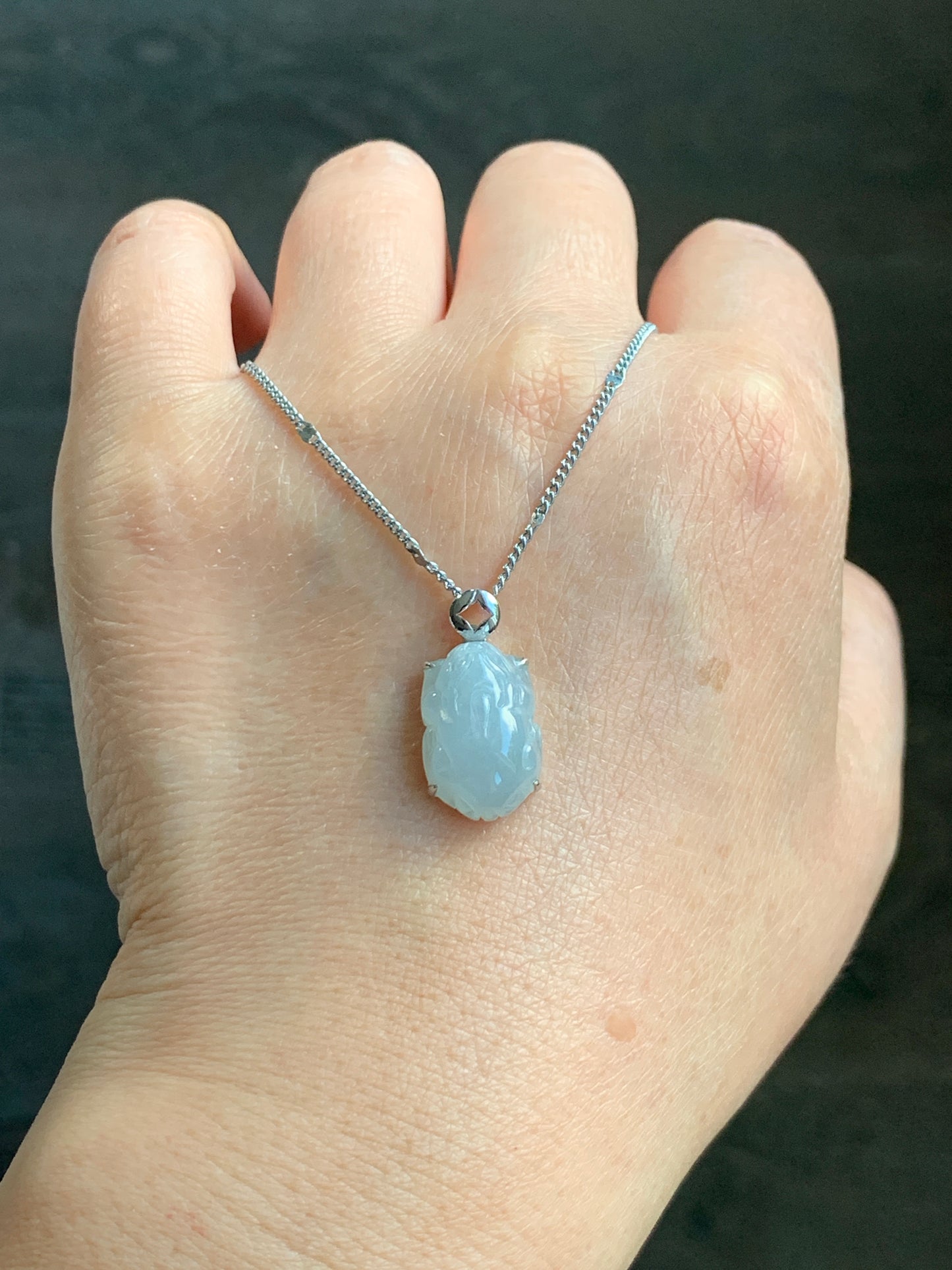 Certified Natural Grade A Icy Translucent Gelatinous Pastel Dusty Blue Jadeite Carved Petite Pixiu Pendant 18K White Gold 天然冰胶淡蓝翡翠貔貅镶嵌吊坠2296