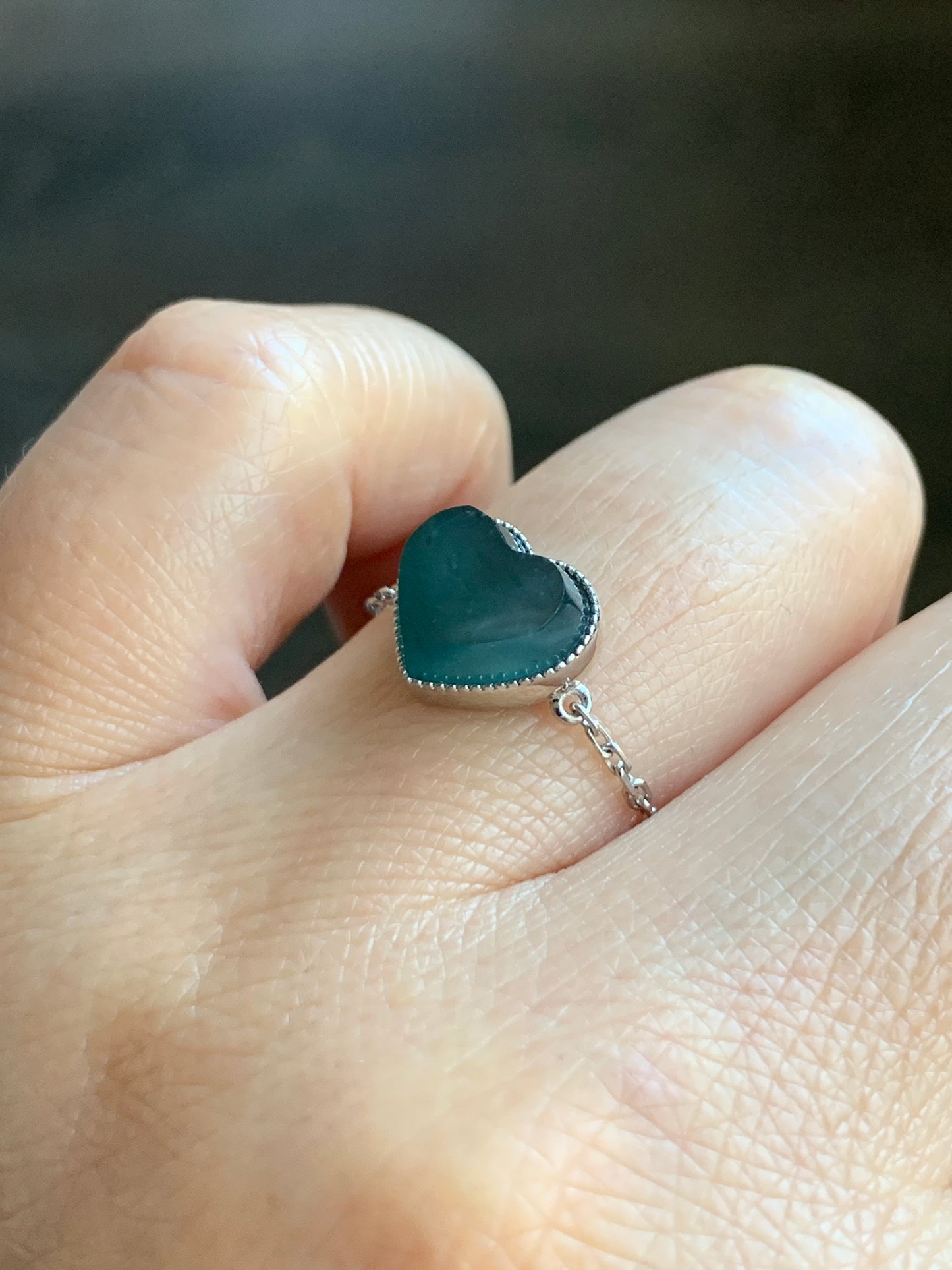 Certified Natural Grade A Icy Translucent Teal Blue Jadeite Faceted Heart Chain Ring 18K White Gold Adjustable 天然冰湖水蓝翡翠爱心镶嵌链戒