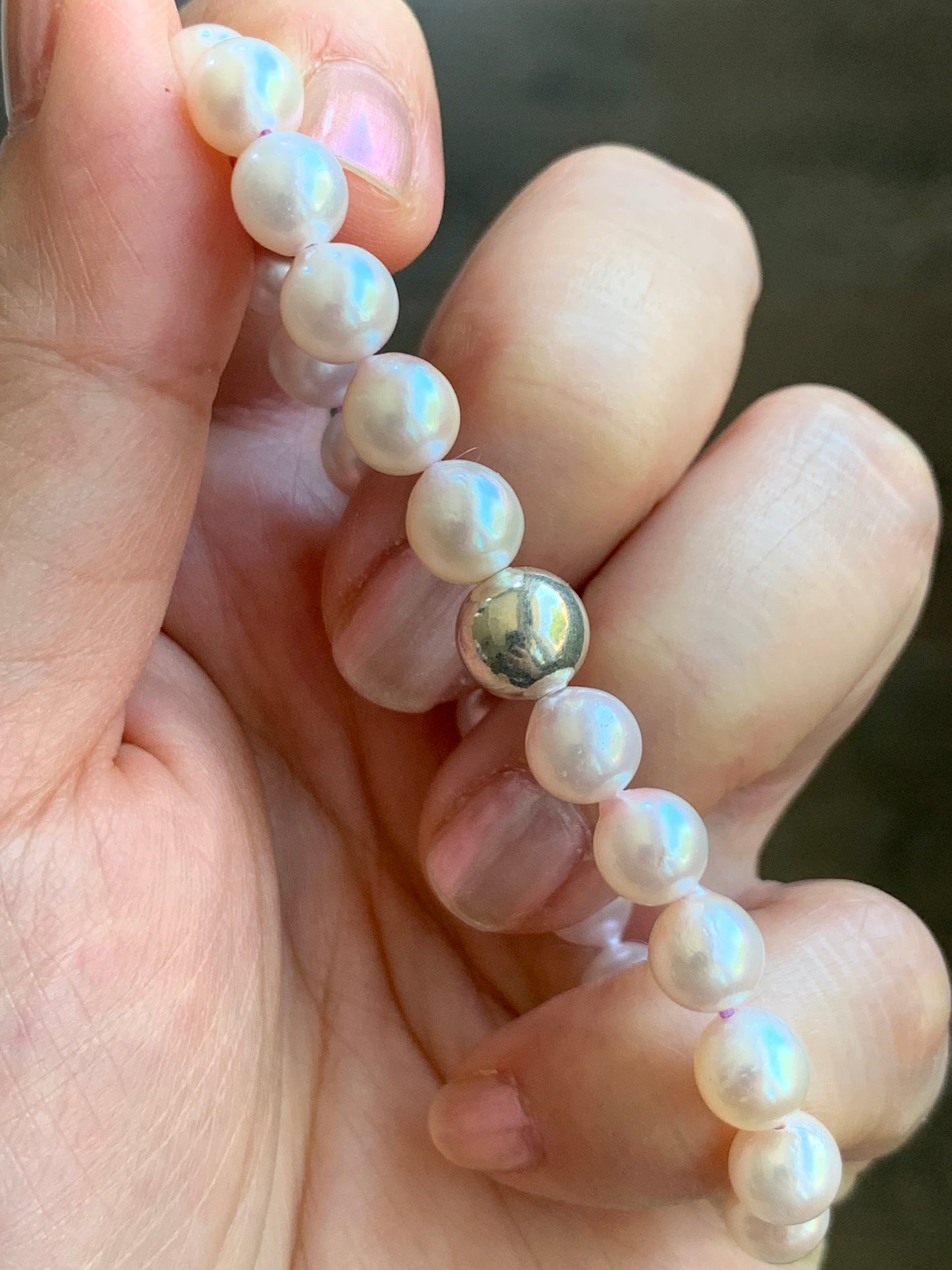 Natural Saltwater Akoya Peachy Blush Pearls and 925 Sterling Silver Ball Beaded Bracelet Stretchy 7” 天然淡粉海水珍珠纯银珠手串