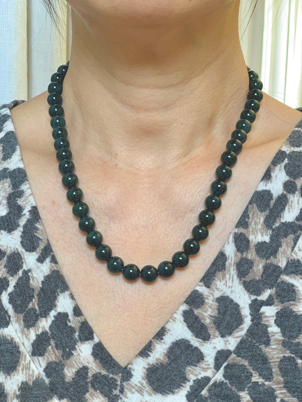 Natural Grade A Guatemalan Icy Translucent Dark Aegean Blue Jade Jadeite Beaded Necklace 19” 79g Sterling Silver 天然冰危深牛仔蓝翡翠大卡圆珠项链 NZL563