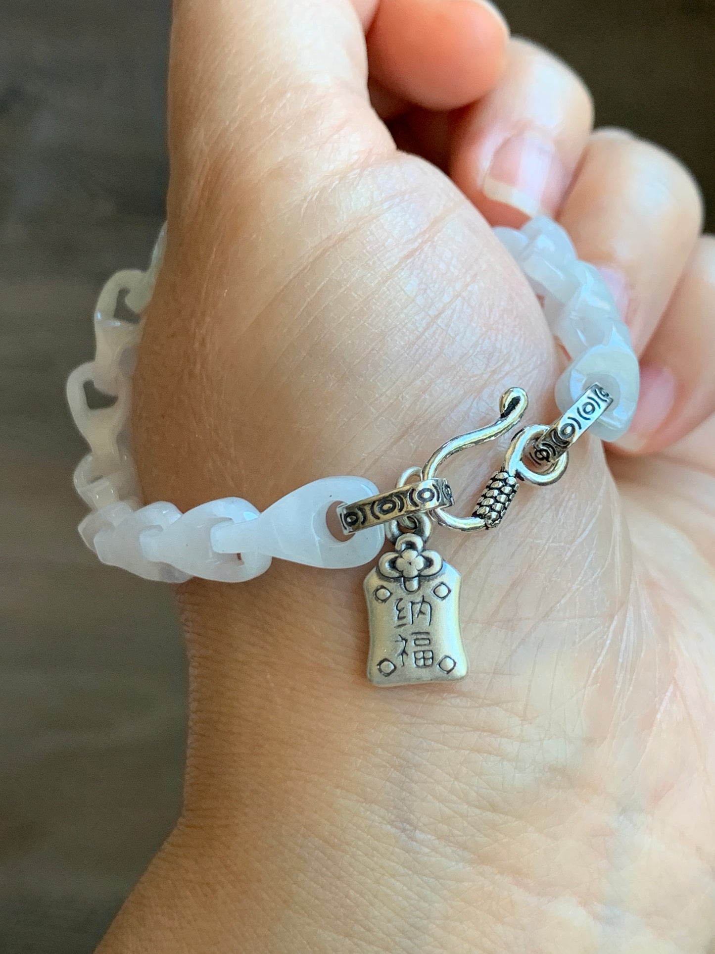 Natural Grade A Icy Translucent White Jade Jadeite Carved Interlocking Dragon Bone Chain Bracelet Sterling Silver Adjustable
