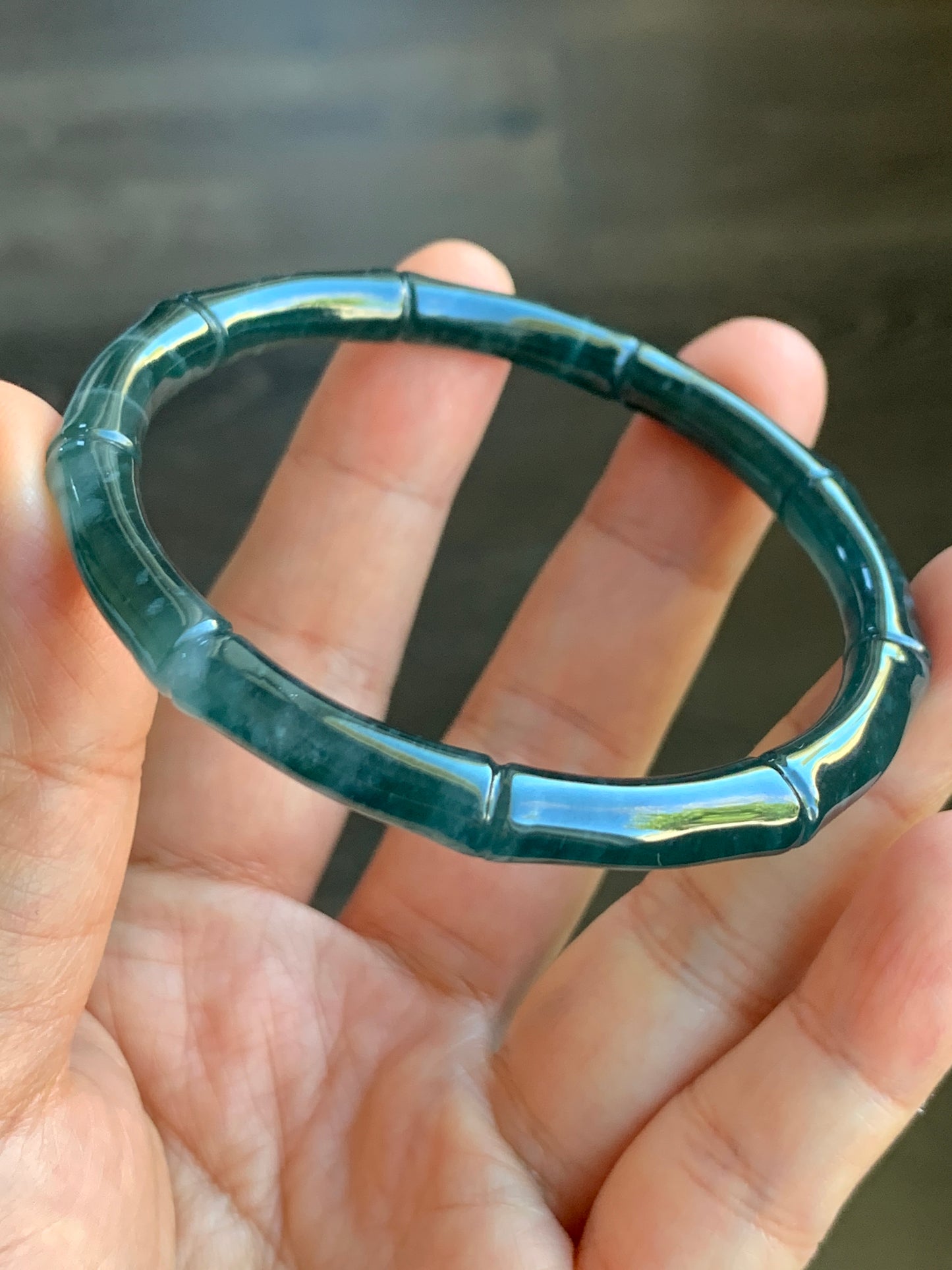 Certified Natural Grade A Icy Translucent Gelatinous Dark Teal Green Jadeite Carved Bamboo Bangle Bracelet 56.7mm 7” 19.2g 天然冰危深篮绿翡翠竹节手镯 7828