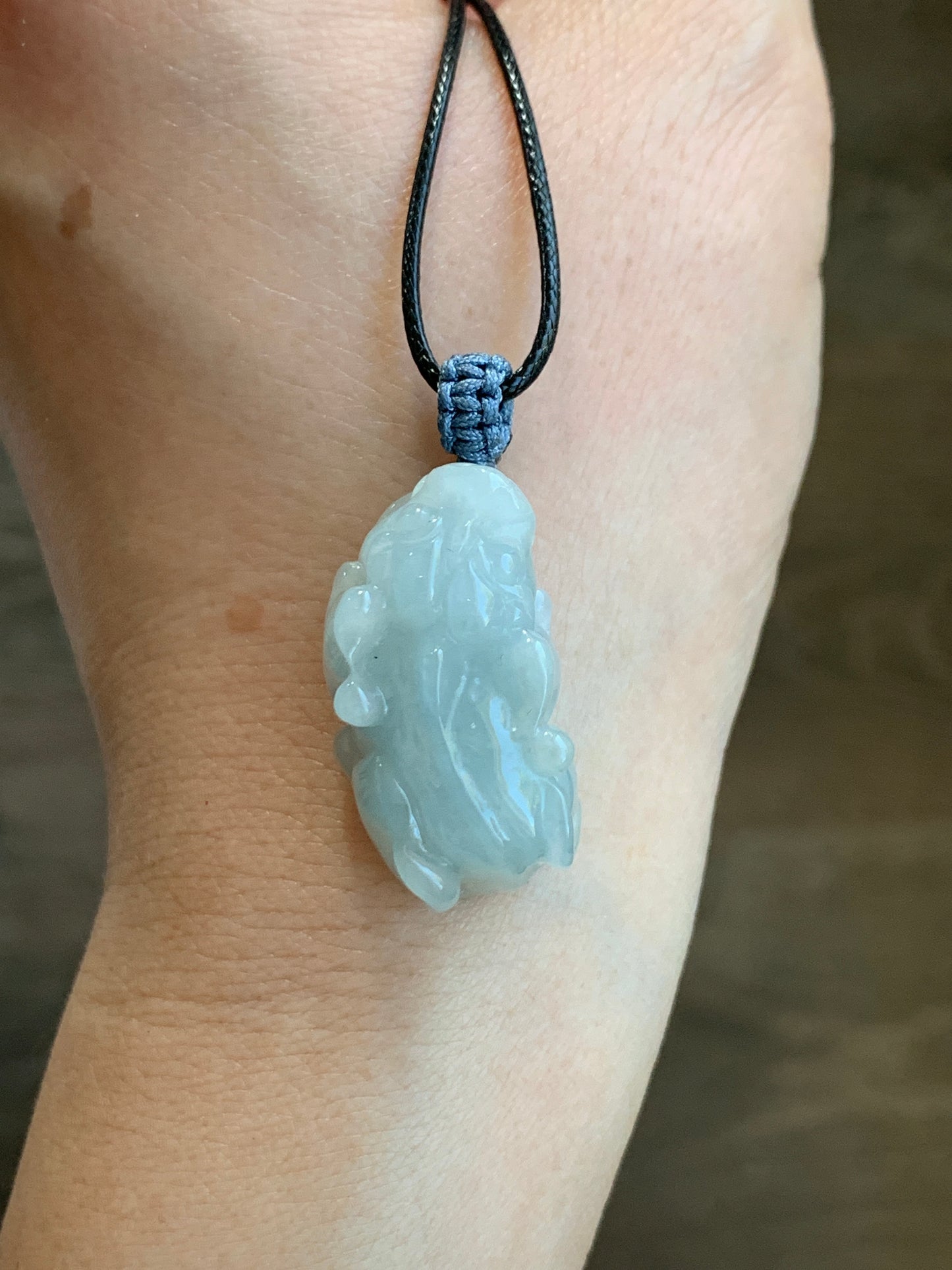 Natural Grade A Icy Translucent Gelatinous Pastel Dusty Blue Jadeite Pixiu Pendant Rope Bail with Black Cord Necklace 11g 天然冰胶淡蓝翡翠貔貅吊坠