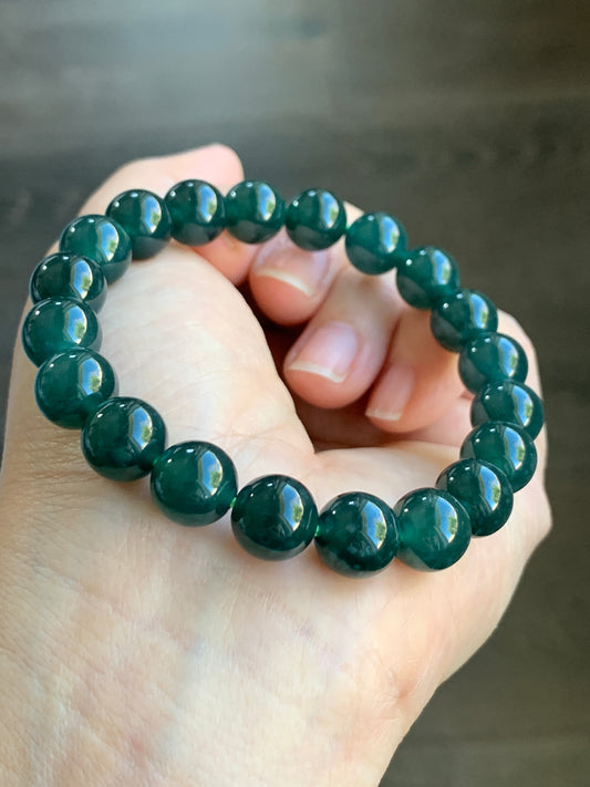 Natural Grade A Icy Translucent Gelatinous Dark Teal Green Jadeite Beaded Bracelet 9.9mm 7.25” 34g WLC300