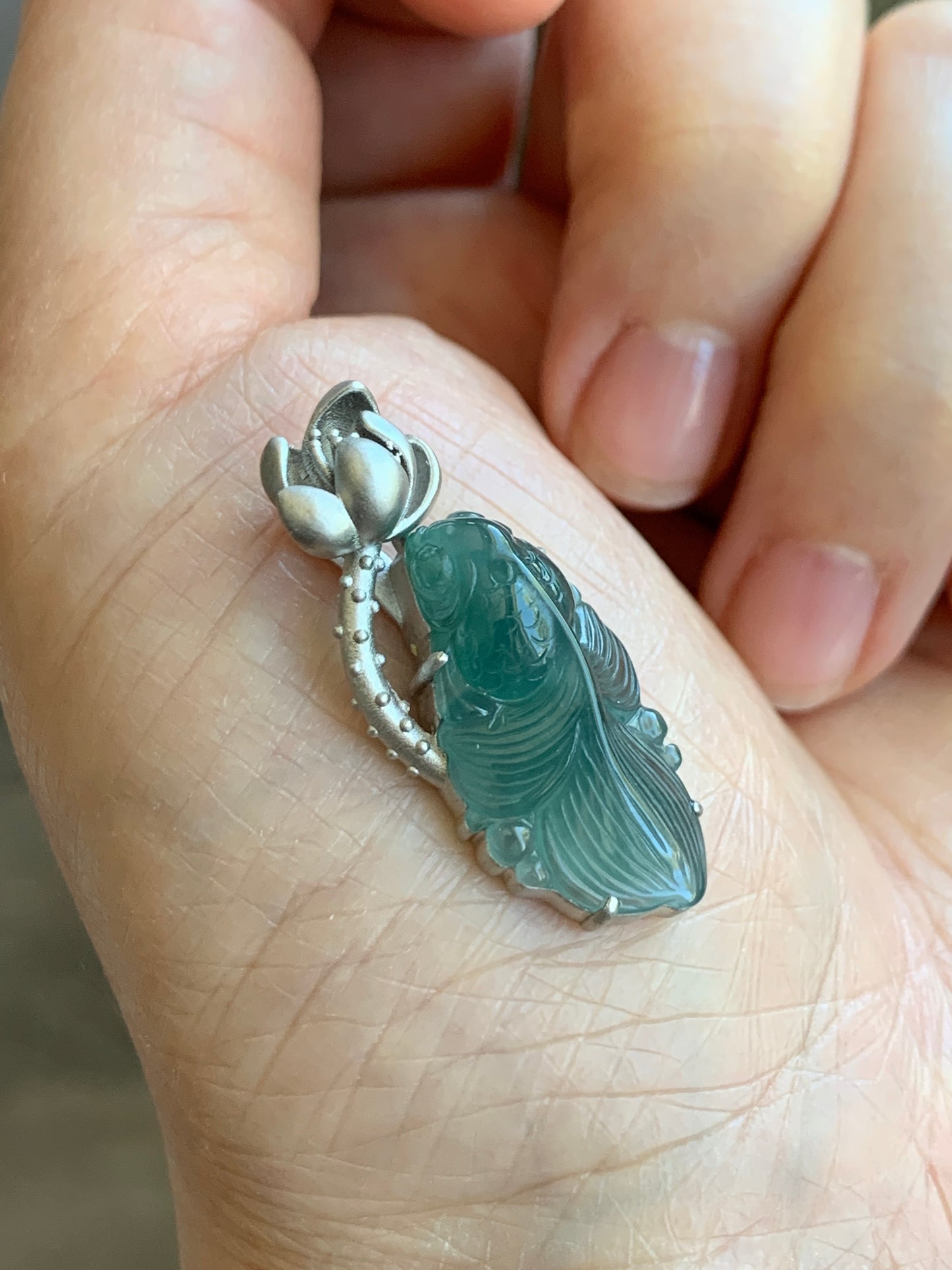 Certified Natural Guatemalan Premium Icy Highly Translucent Dark Teal Blue Jade Jadeite Goldfish Pendant Sterling Silver 天然冰危湖水蓝翡翠金鱼镶嵌吊坠 8618