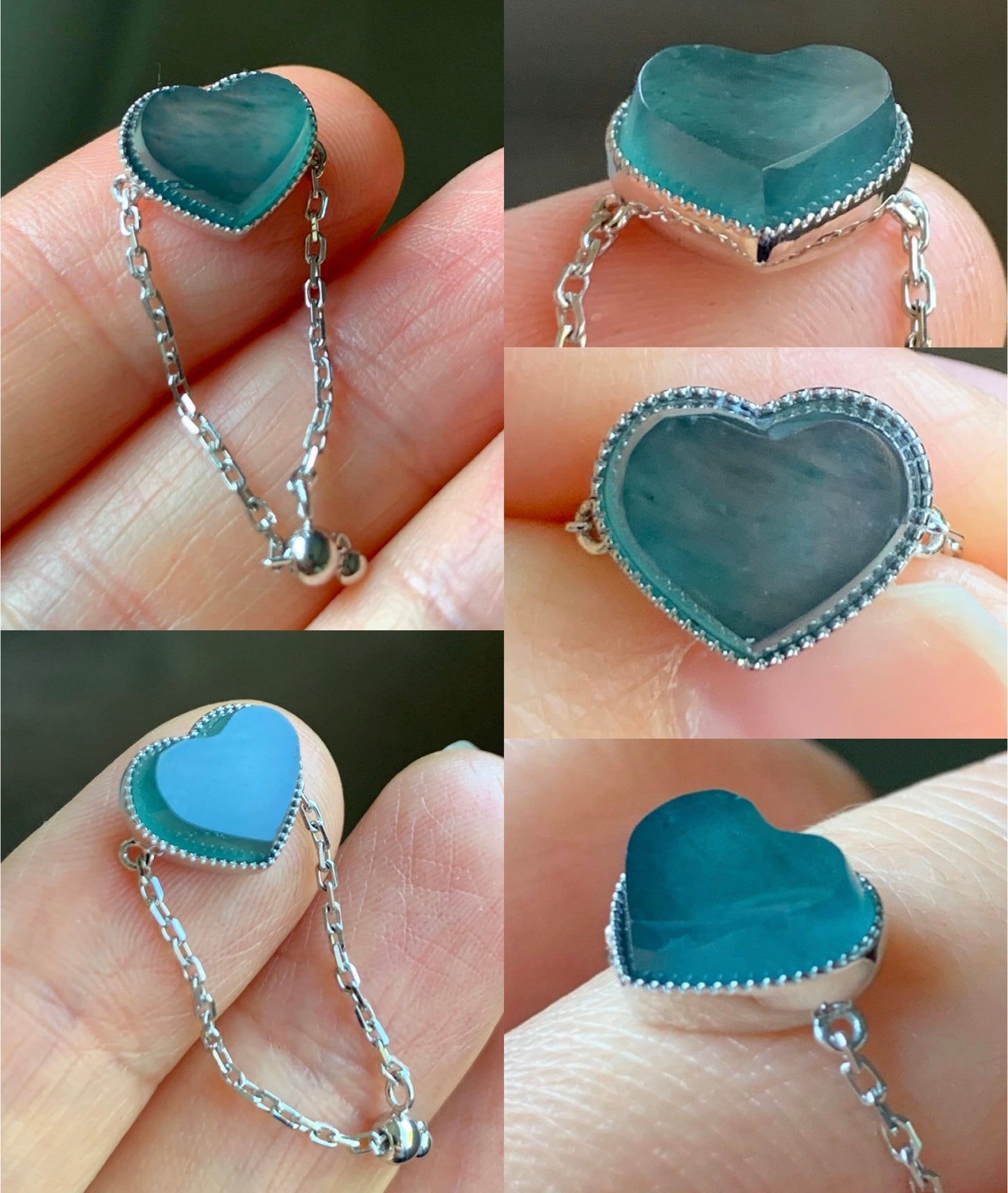 Certified Natural Grade A Icy Translucent Teal Blue Jadeite Faceted Heart Chain Ring 18K White Gold Adjustable 天然冰湖水蓝翡翠爱心镶嵌链戒