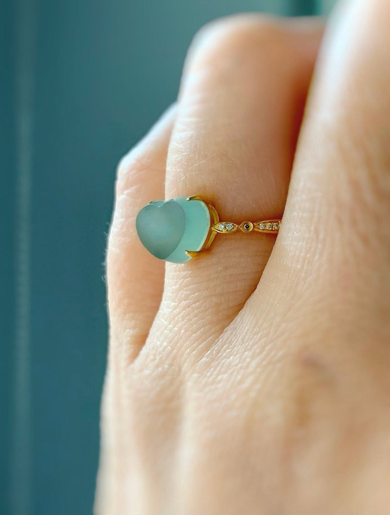Certified Grade A Natural Premium Icy Light Green Faceted Jadeite Heart Cabochon 18K Yellow Gold Diamond Ring Sz 6.75 US 2.1g 天然正冰晴底翡翠切割面爱心钻石戒指