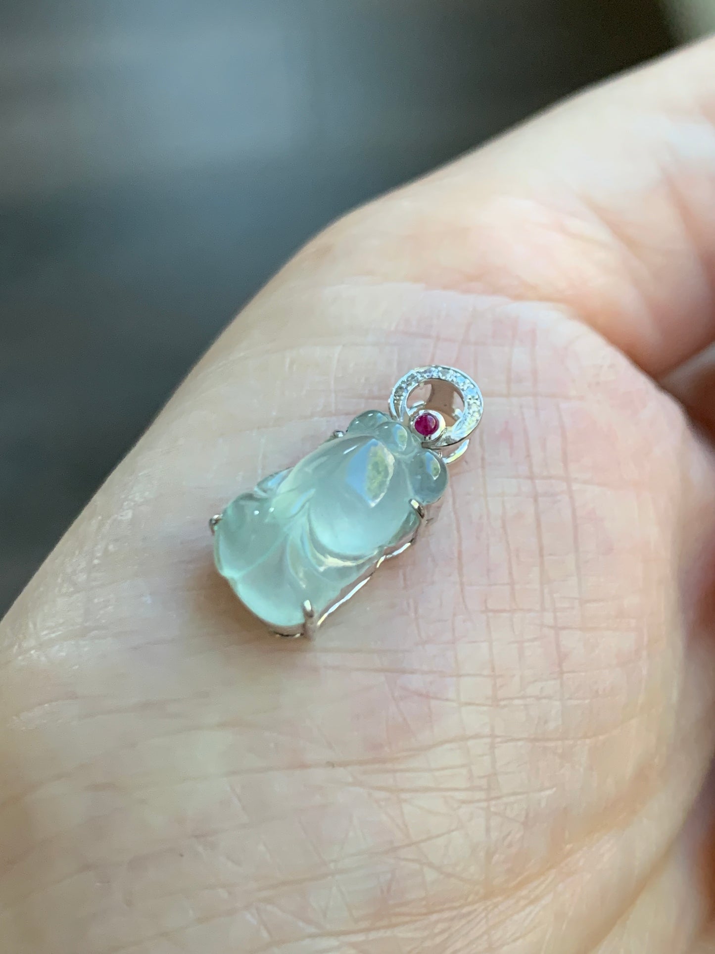 Certified Natural  Icy Highly Translucent Gelatinous Jadeite Goldfish Diamond & Ruby Pendant 18K White Gold 天然冰胶起光翡翠金鱼钻石红宝镶嵌吊坠