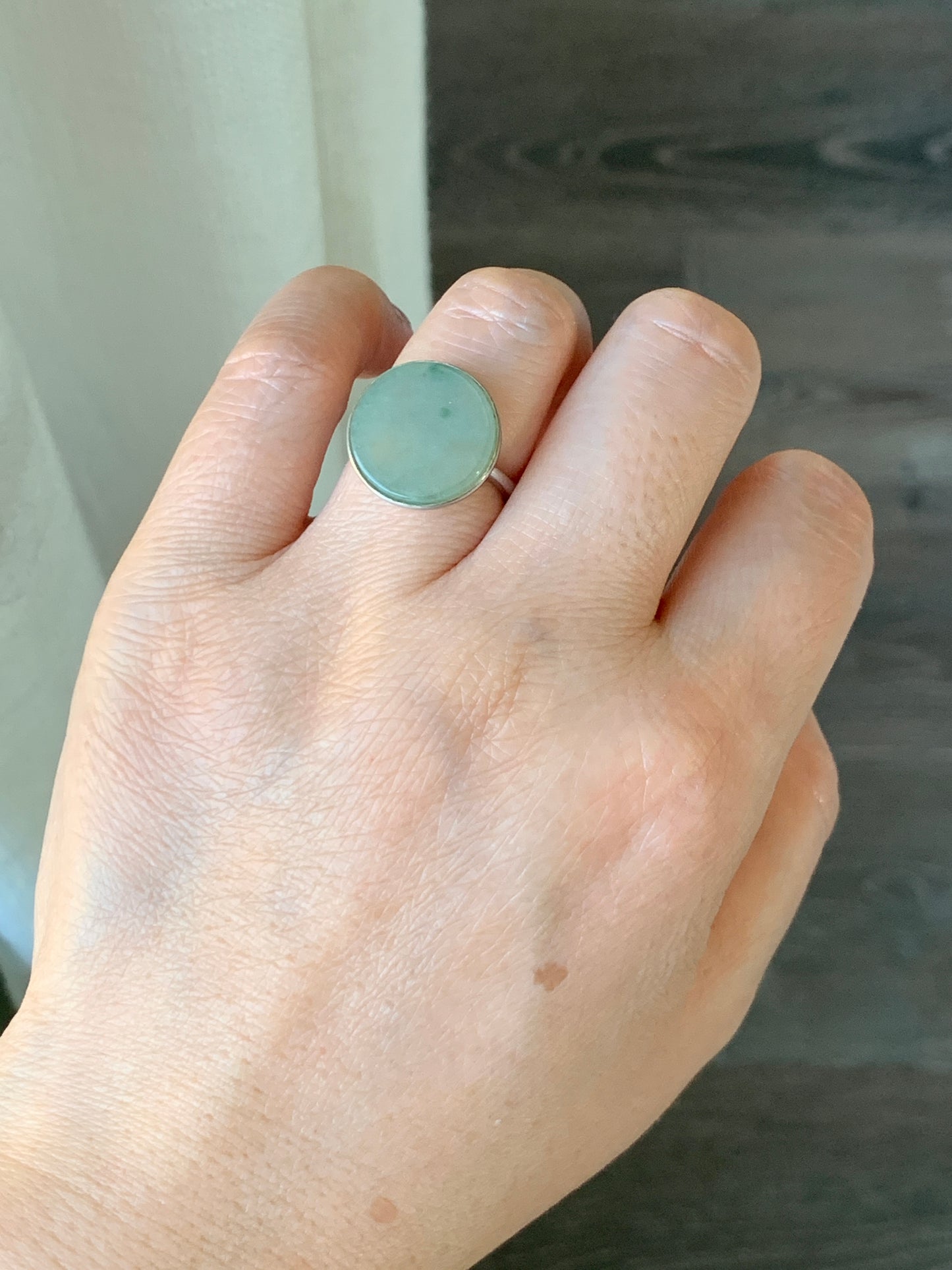 Natural Grade A Icy Translucent Gelatinous Dusty Green w/ Green Marbling Jade Jadeite Disc Ring S925 Silver Size Adjustable 天然晴绿飘花翡翠无事牌银镶戒指 WSP