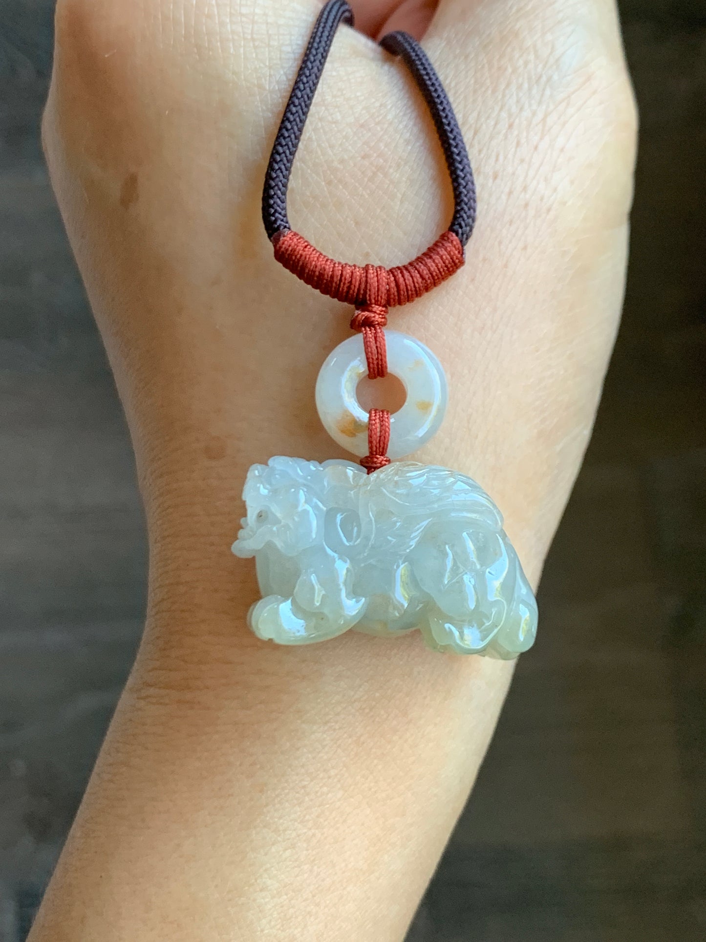 Natural  Icy Translucent Gelatinous Light Beige Jadeite w/ Golden Marbling Flying Pixiu & Donut Pendant Necklace 天然冰糖黄撒金翡翠飞天貔貅平安扣项链