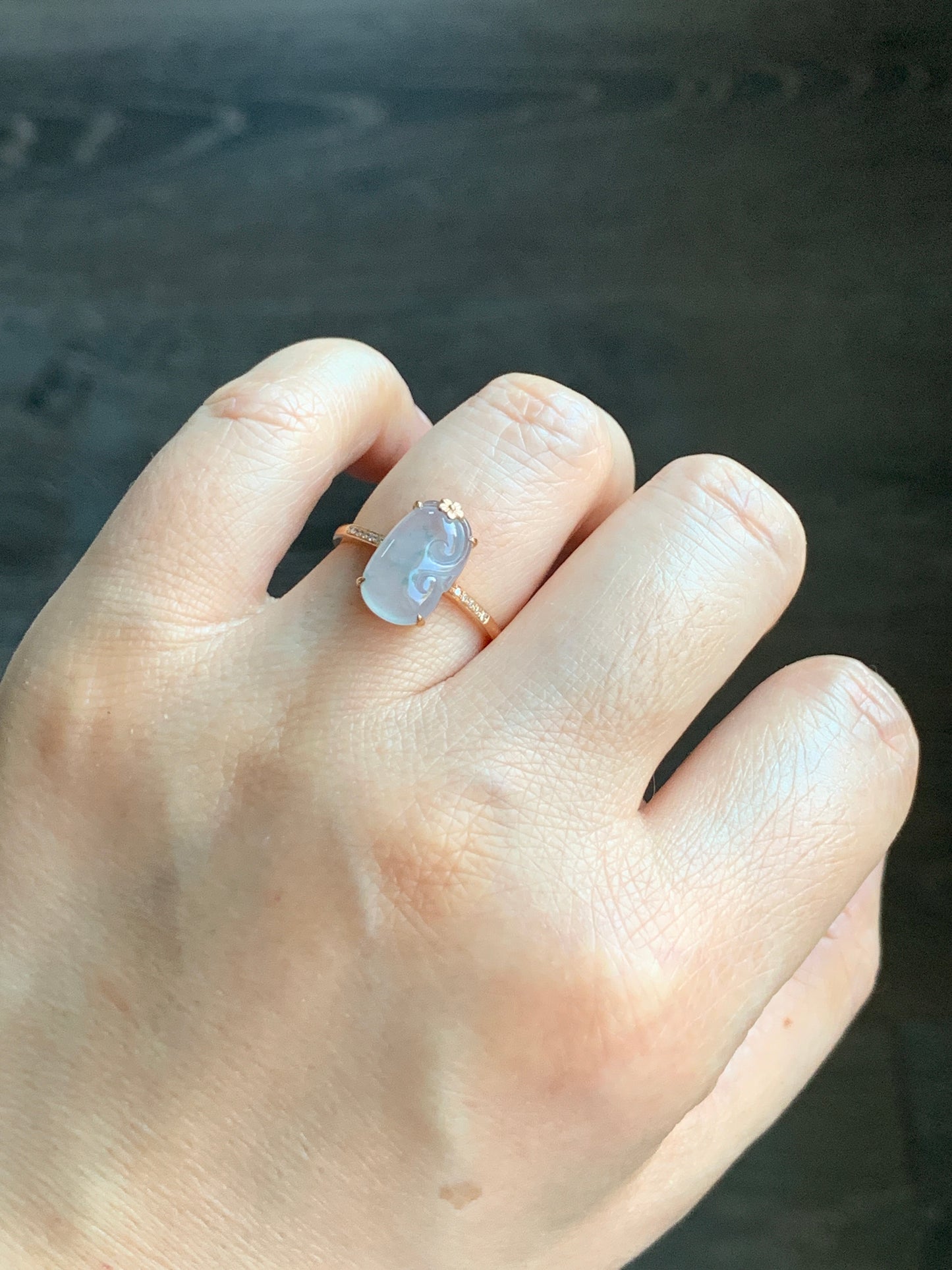 Certified Natural Garde A Premium Icy Translucent Teal Green Marbled Jadeite Ruyi Ring 18K Rose Gold Diamonds Size 7 天然翡翠冰胶飘花如意钻石镶嵌戒指 560