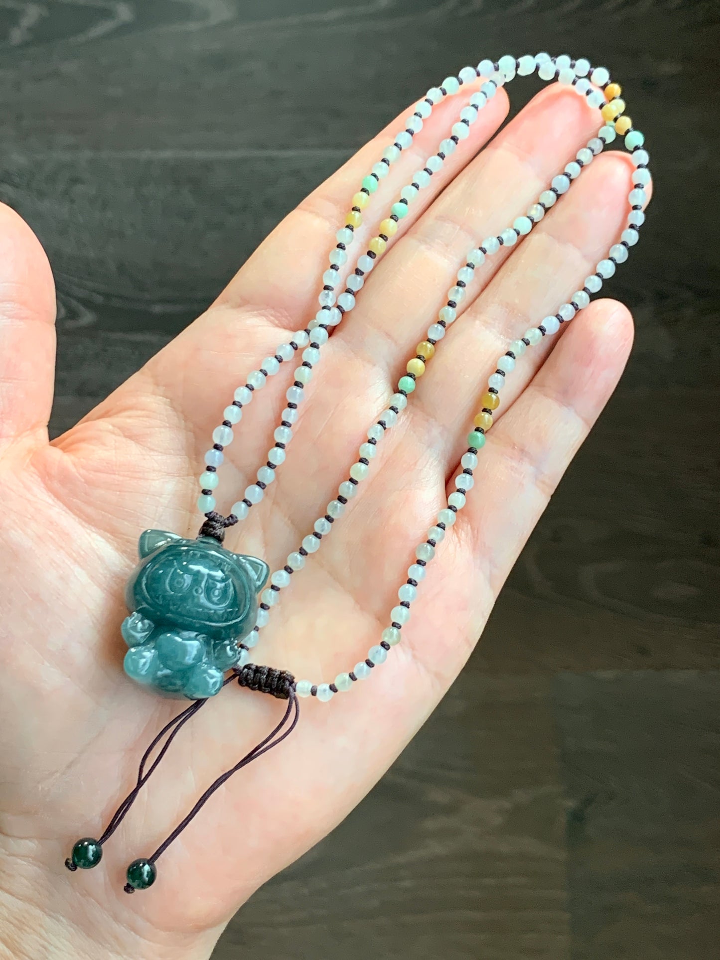 Natural Grade A Guatemalan Icy Translucent Dark Teal Blue Jade Jadeite Carved Labubu Pendant Beaded Necklace 23.5” 天然冰危深蓝绿翡翠吊坠 LBB138