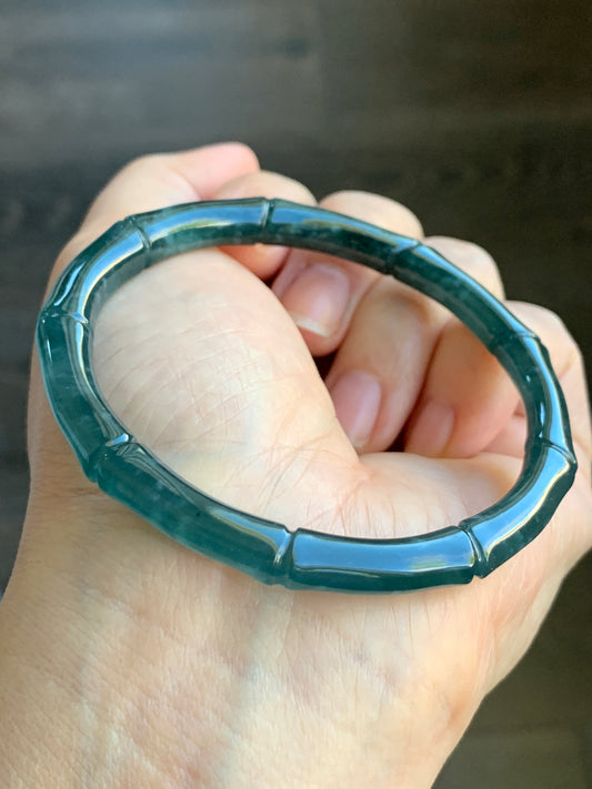 Natural Grade A Icy Translucent Gelatinous Dark Teal Green Jadeite Carved Bamboo Bangle Bracelet 57.2mm 7” 21g 天然冰危深篮绿翡翠竹节手镯 ZJ600-2
